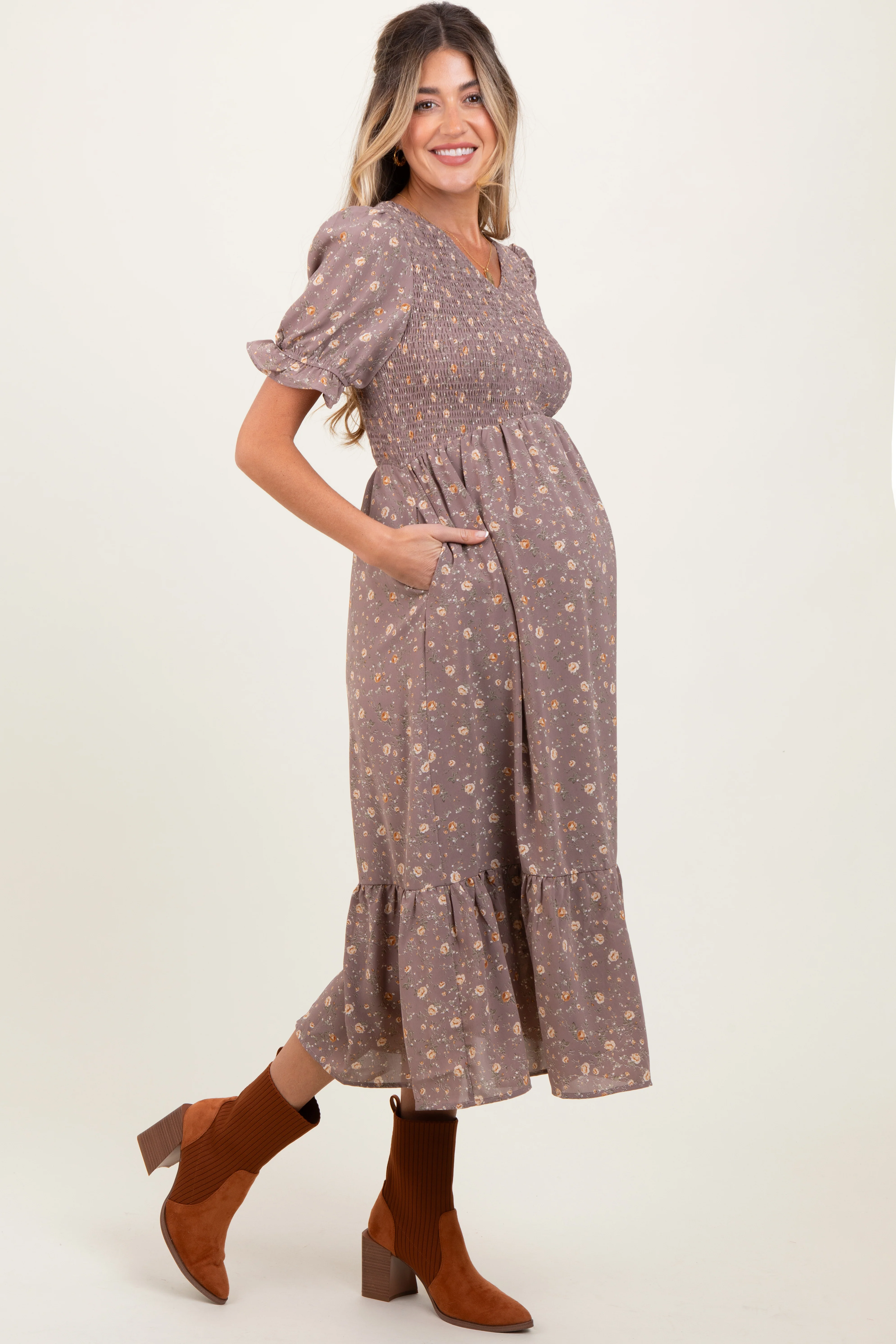 Mauve Floral Print Smocked Ruffle Hem Maternity Midi Dress - Image 3
