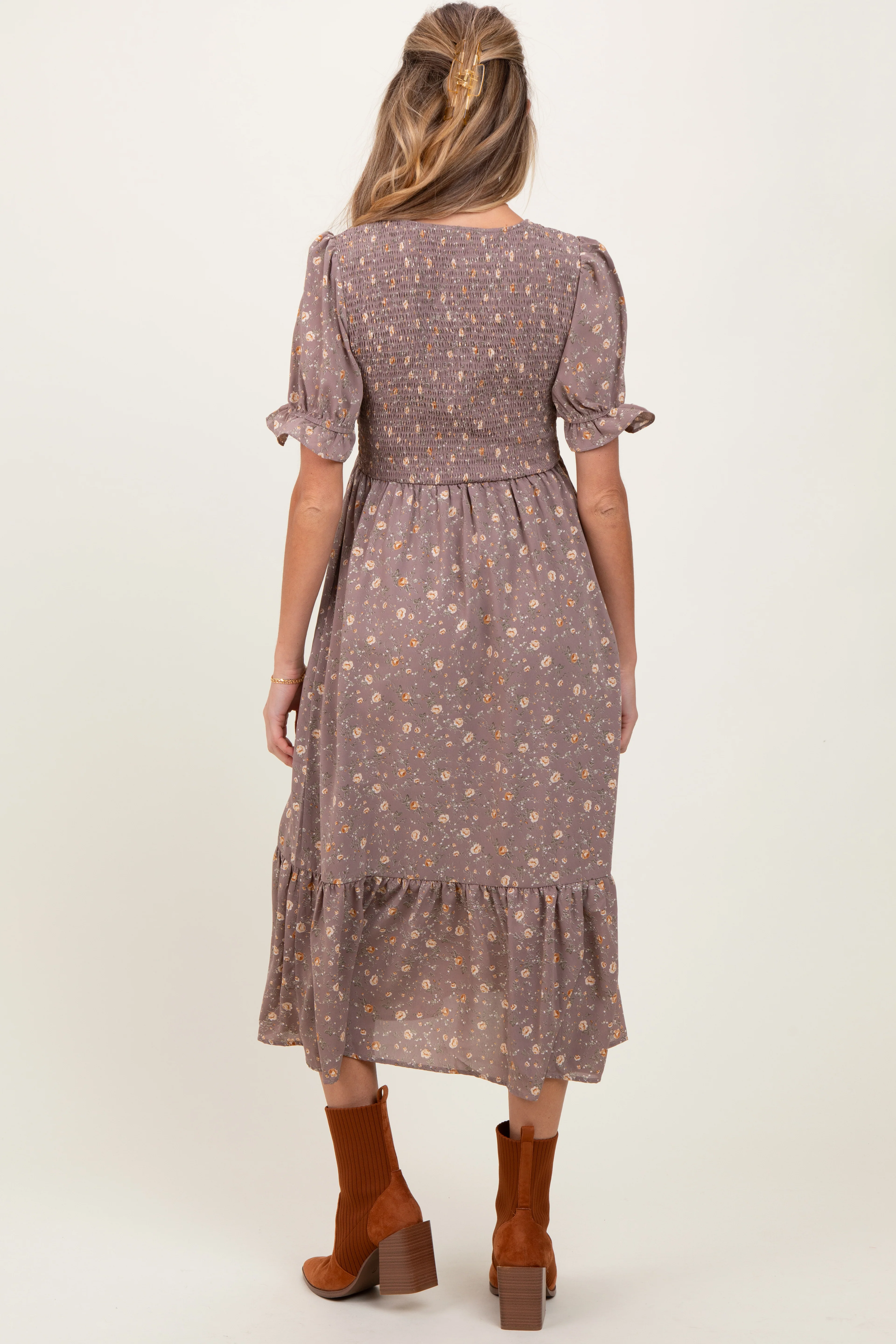 Mauve Floral Print Smocked Ruffle Hem Maternity Midi Dress - Image 4