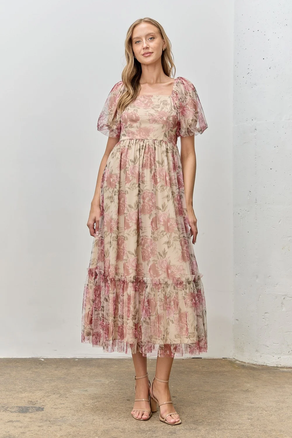 Mauve Floral Printed Tulle Puff Sleeve Maternity Midi Dress - Image 4