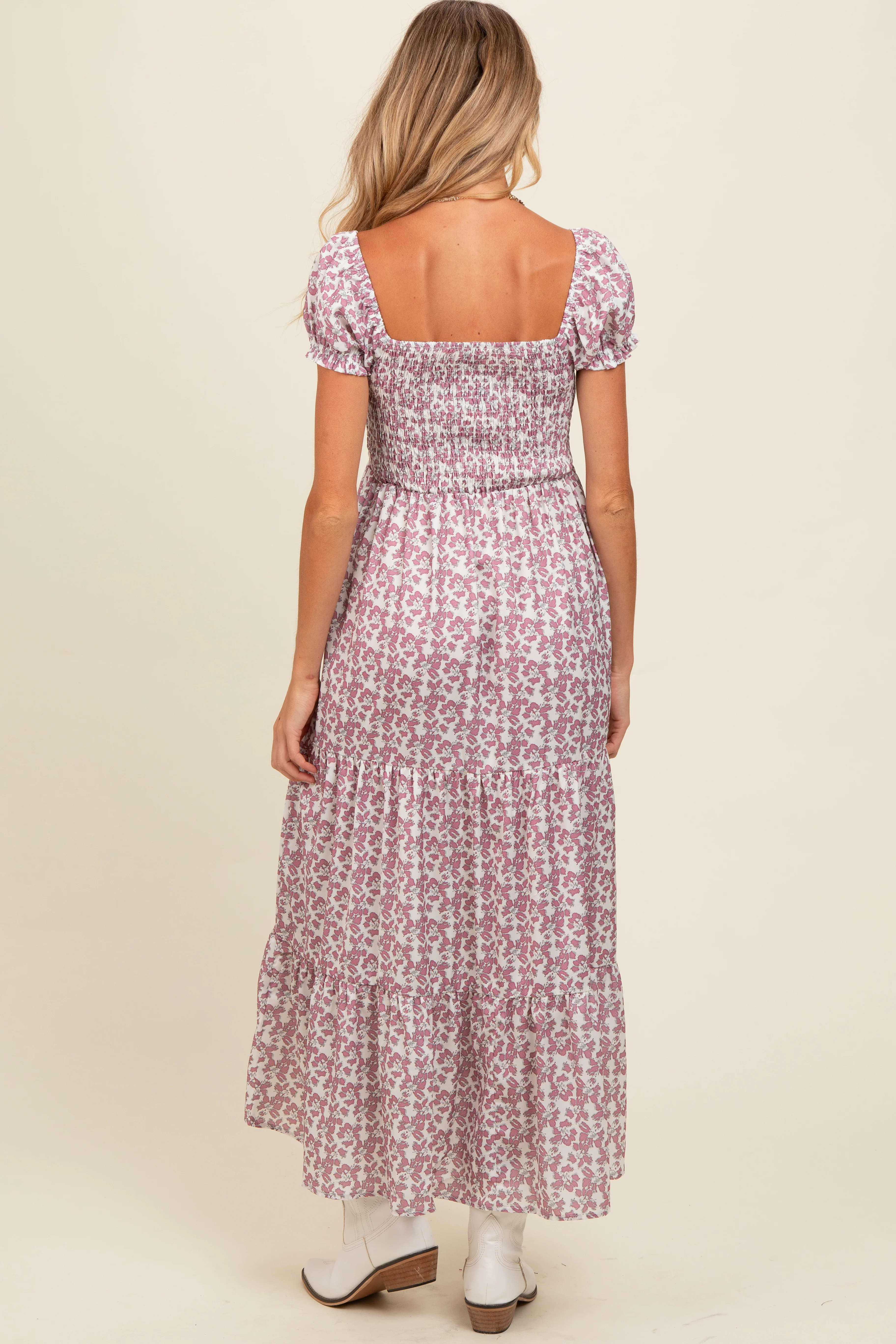 Mauve Floral Puff Sleeve Smocked Maternity Maxi Dress - Image 4