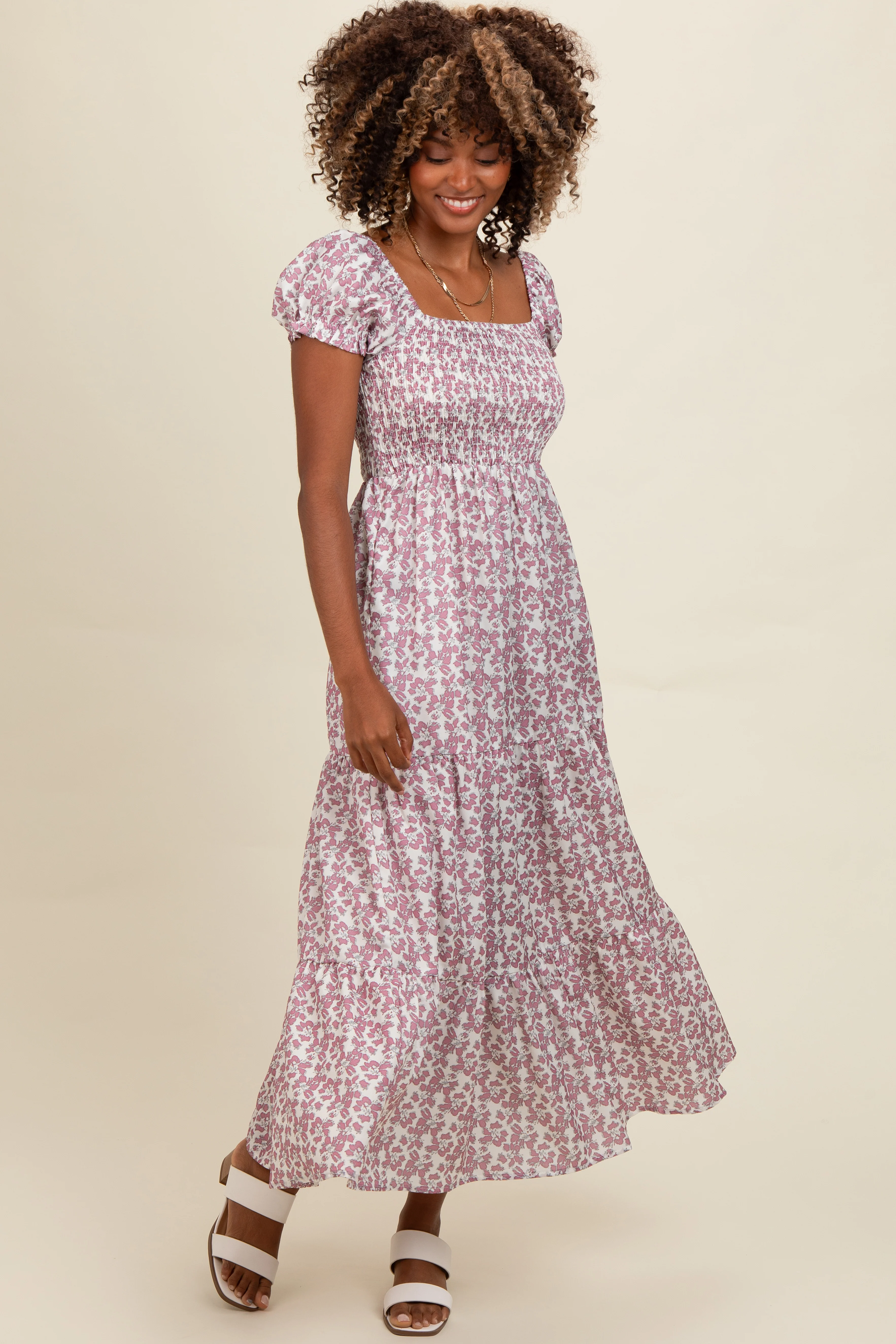 Mauve Floral Puff Sleeve Smocked Maternity Maxi Dress - Image 5