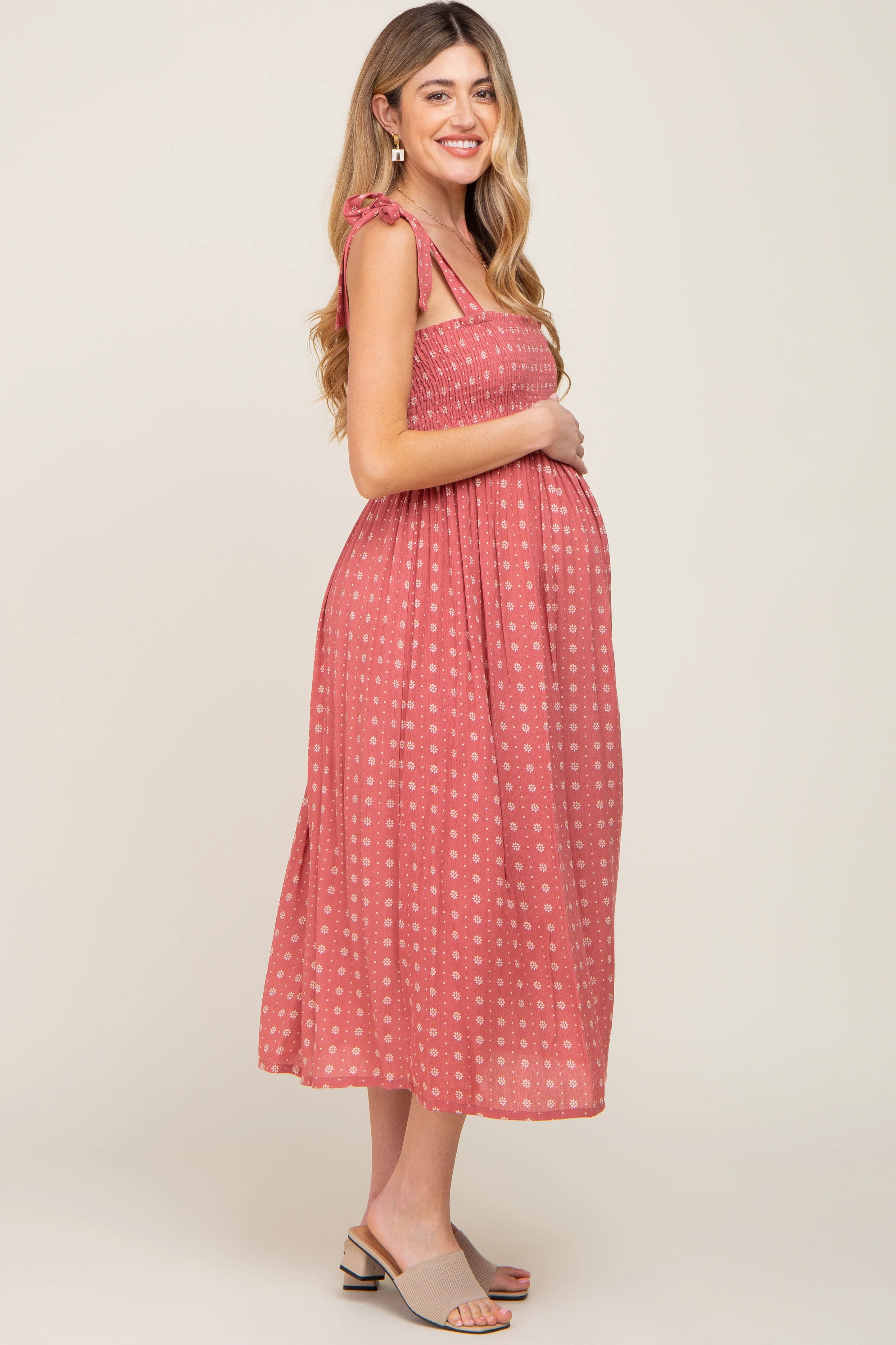 Mauve Floral Sleeveless Maternity Midi Dress - Image 2