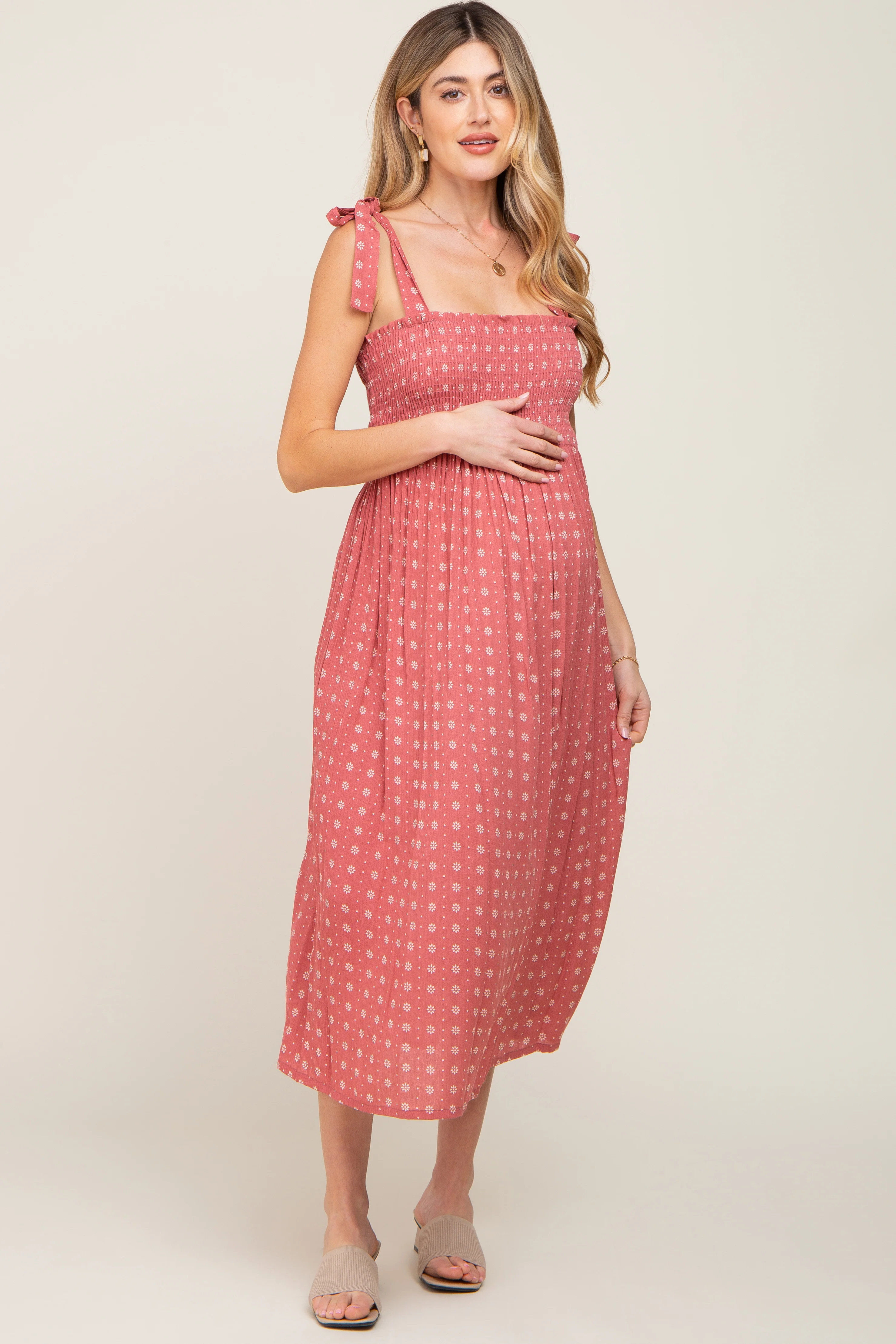 Mauve Floral Sleeveless Maternity Midi Dress - Image 4