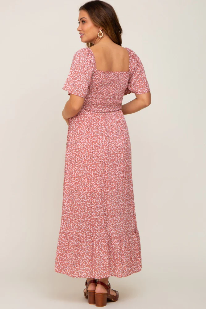 Mauve Floral Smocked Flounce Sleeve Maternity Maxi Dress - Image 3