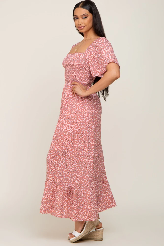 Mauve Floral Smocked Flounce Sleeve Maxi Dress - Image 2