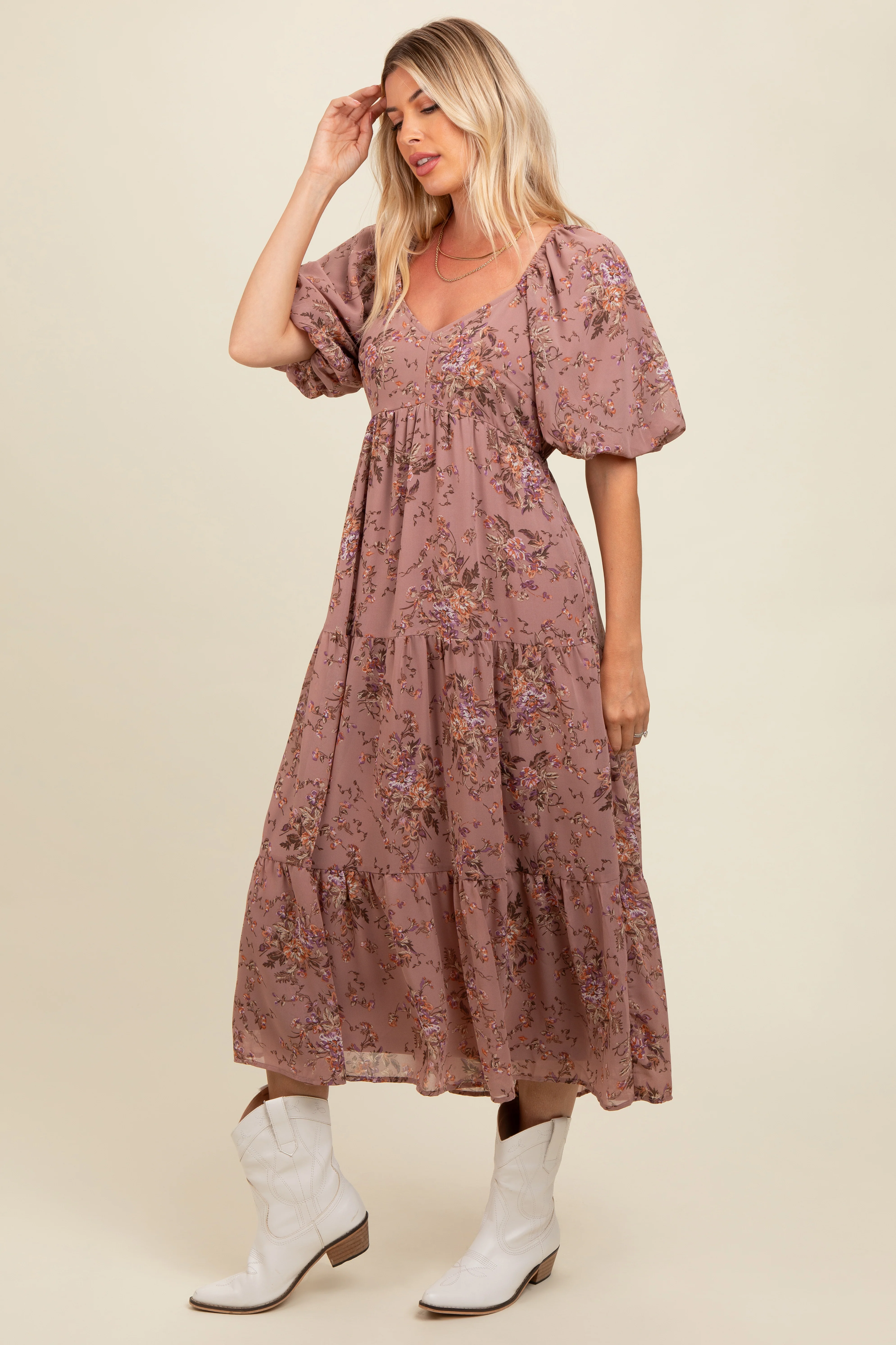 Mauve Floral Tiered Puff Sleeve Maternity Maxi Dress - Image 4