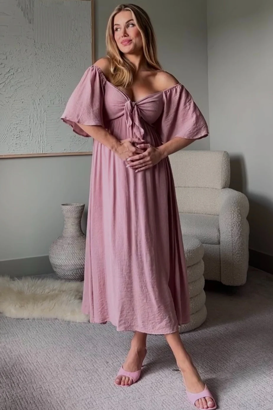 Mauve Front Tie Ruffle Sleeve Maternity Midi Dress - Image 6