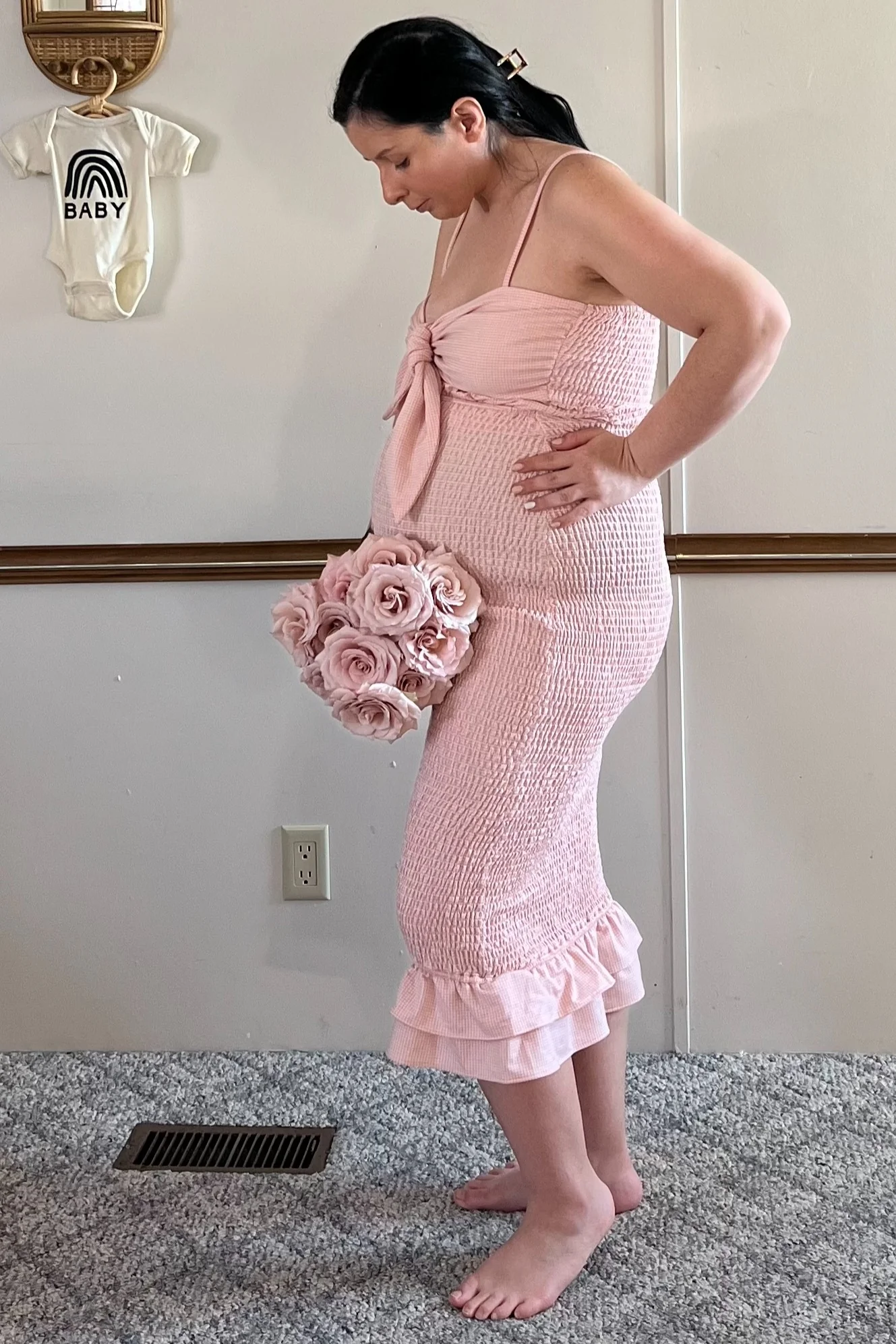 Mauve Gingham Print Smocked Fitted Self-Tie Maternity Midi Dress - Image 10