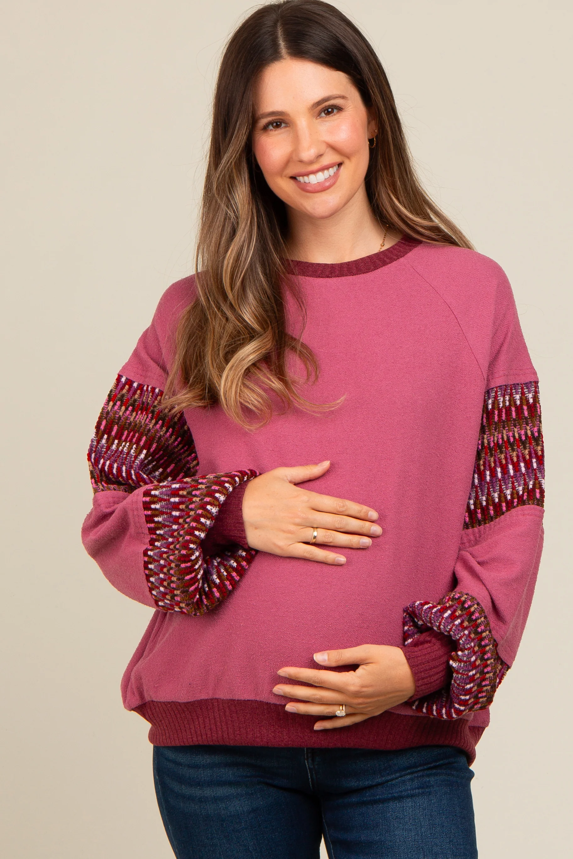 Mauve Knit Contrast Sleeve Maternity Pullover - Image 2