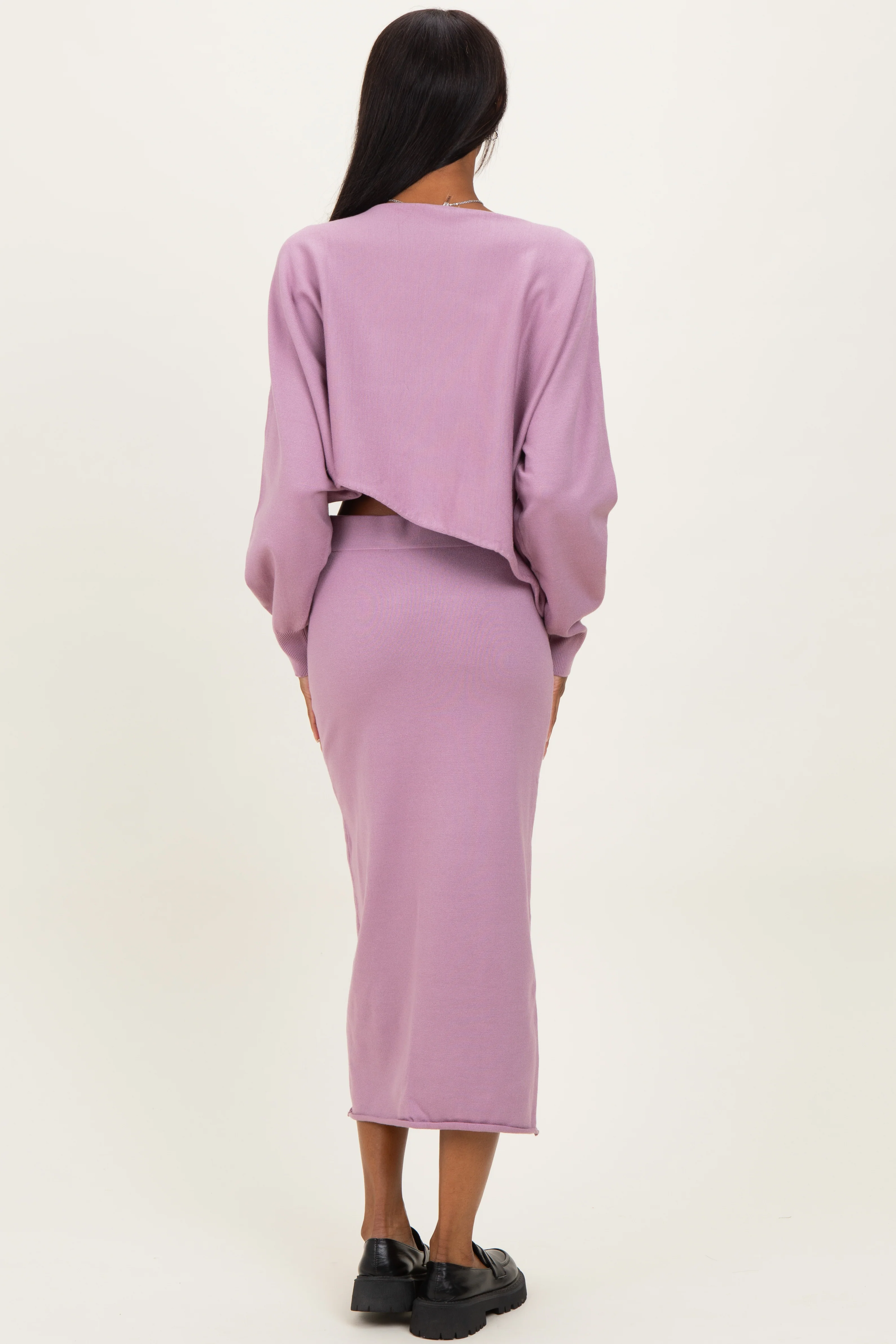 Mauve Knit Long Sleeve Crop Top Midi Skirt Set - Image 4