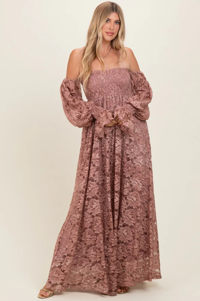 Mauve Lace Off Shoulder Long Sleeve Maternity Maxi Dress - Image 4
