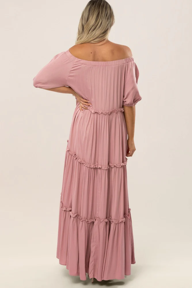 Mauve Off Shoulder Ruffle Tiered Maternity Maxi Dress - Image 3