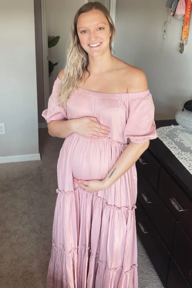 Mauve Off Shoulder Ruffle Tiered Maternity Maxi Dress - Image 7