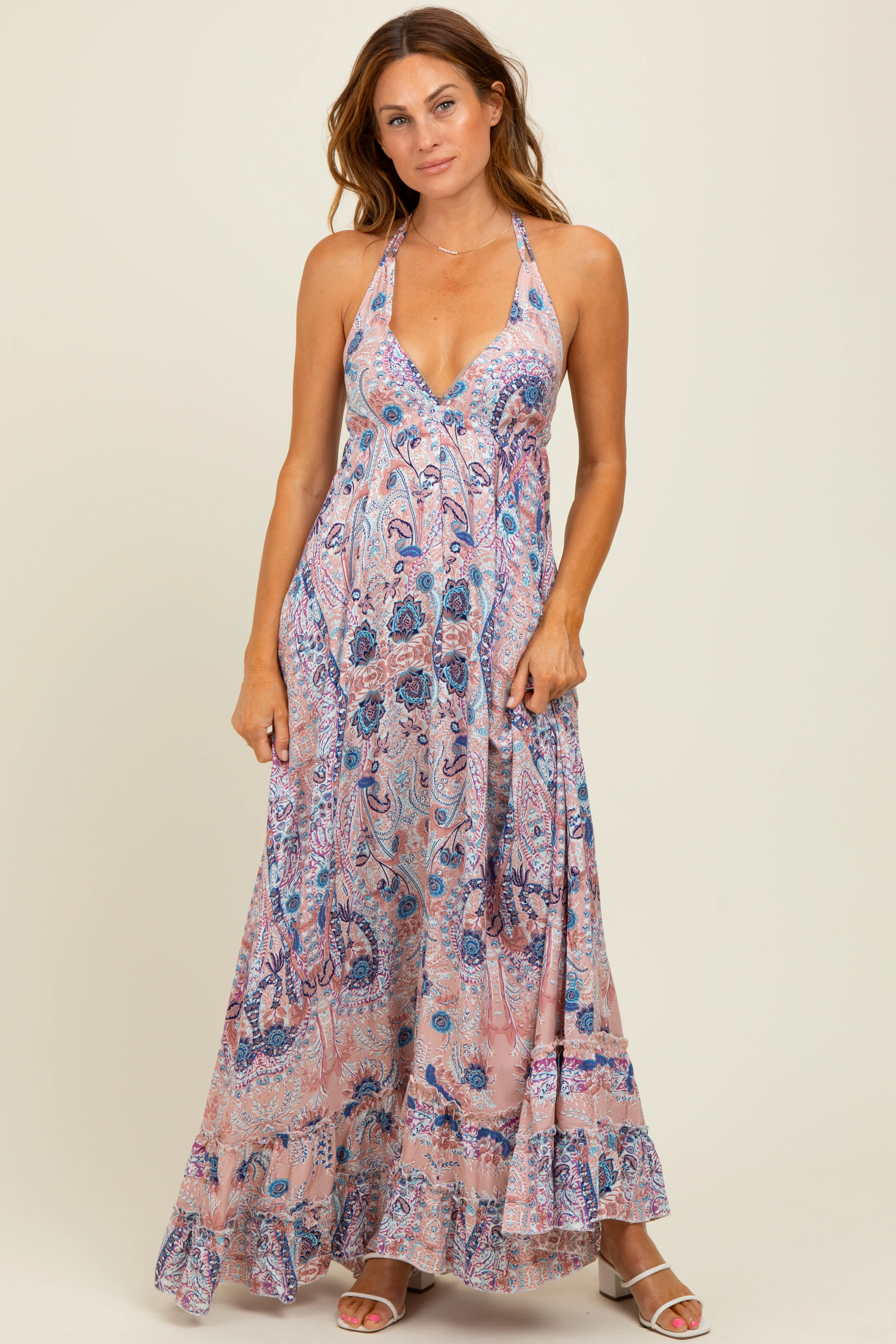 Mauve Paisley Halter V-Neck Cutout Maternity Maxi Dress - Image 5
