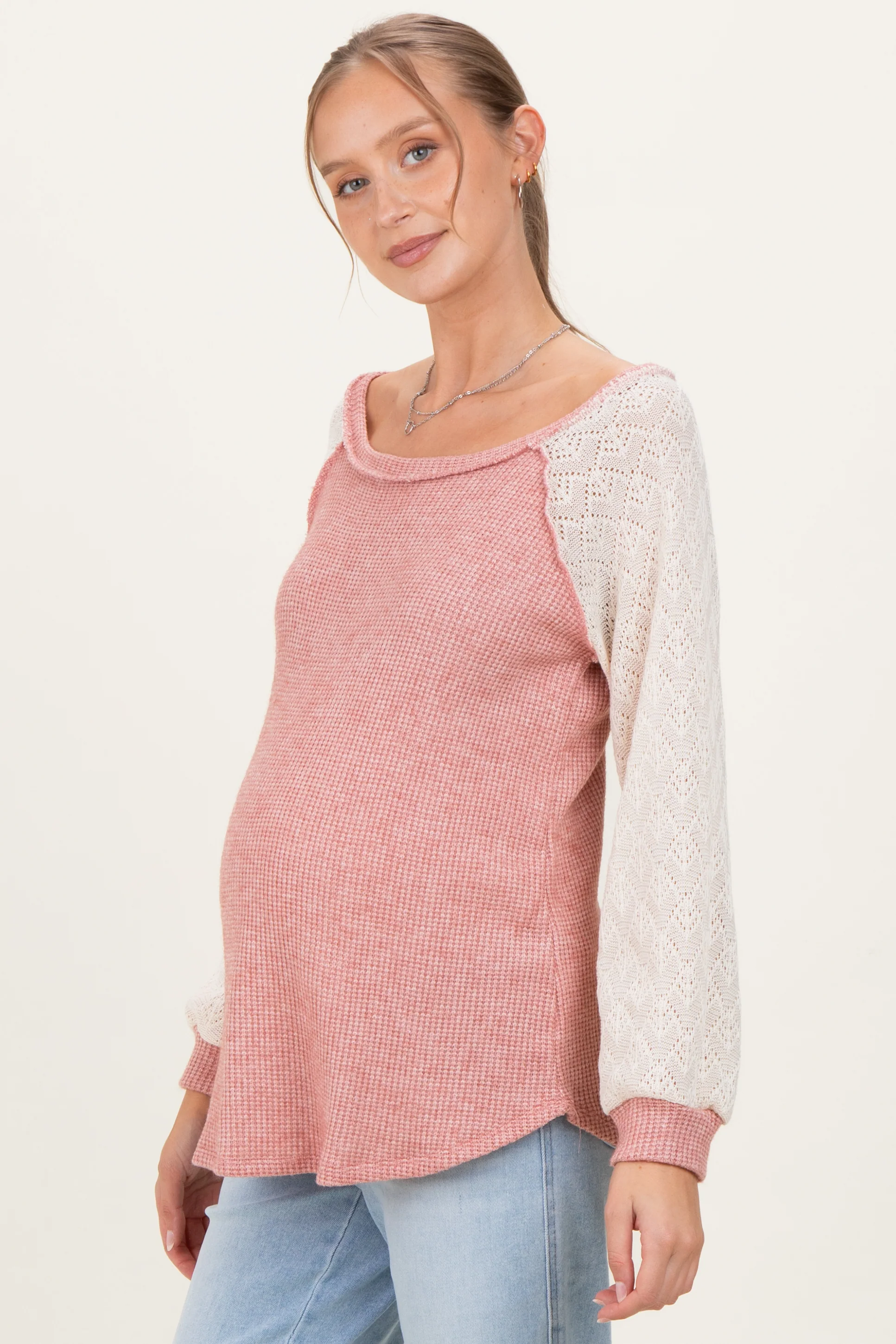 Mauve Puff Sleeve Solid Color Block Maternity Top - Image 2