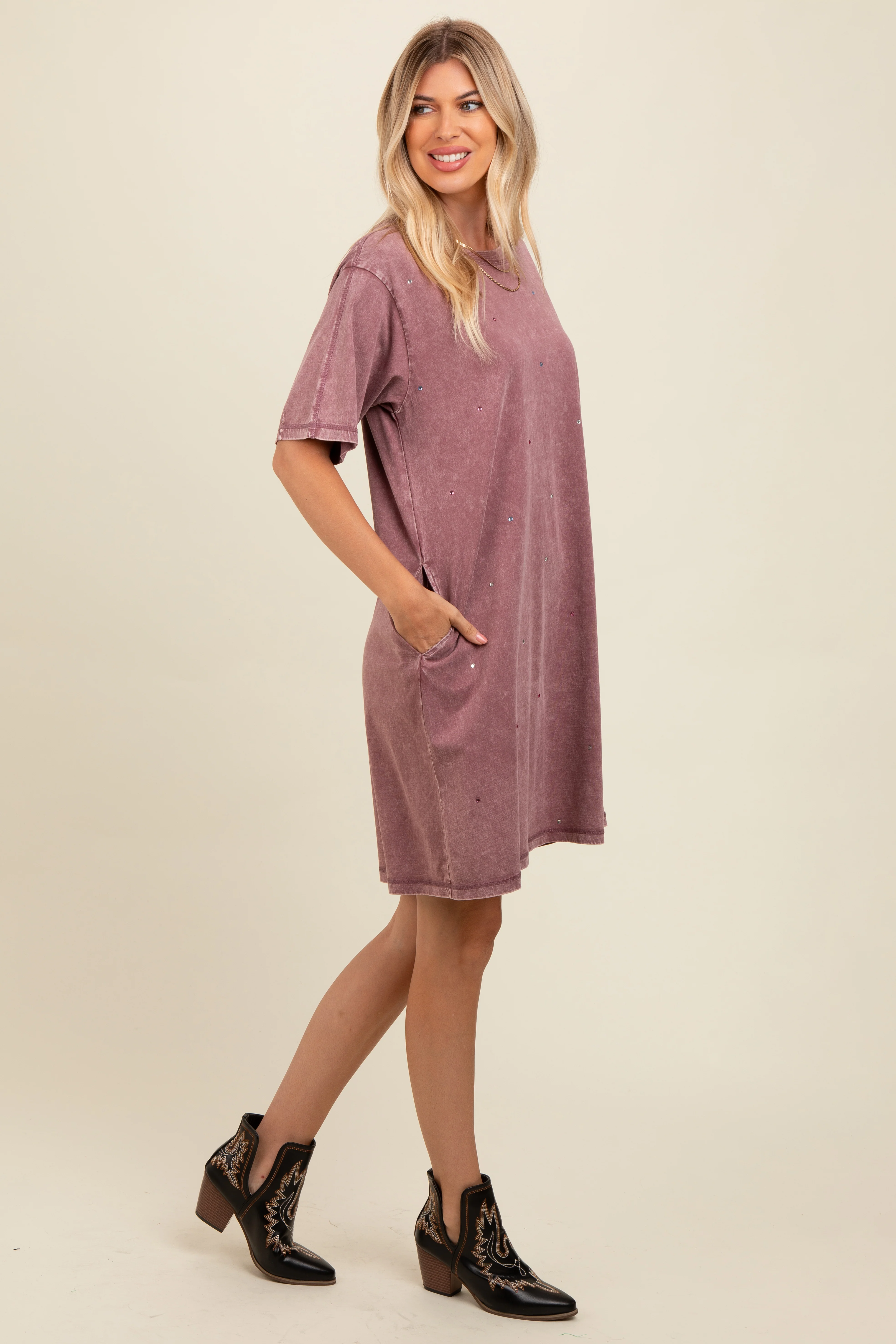 Mauve Rhinestone Mineral Washed T-Shirt Dress - Image 2