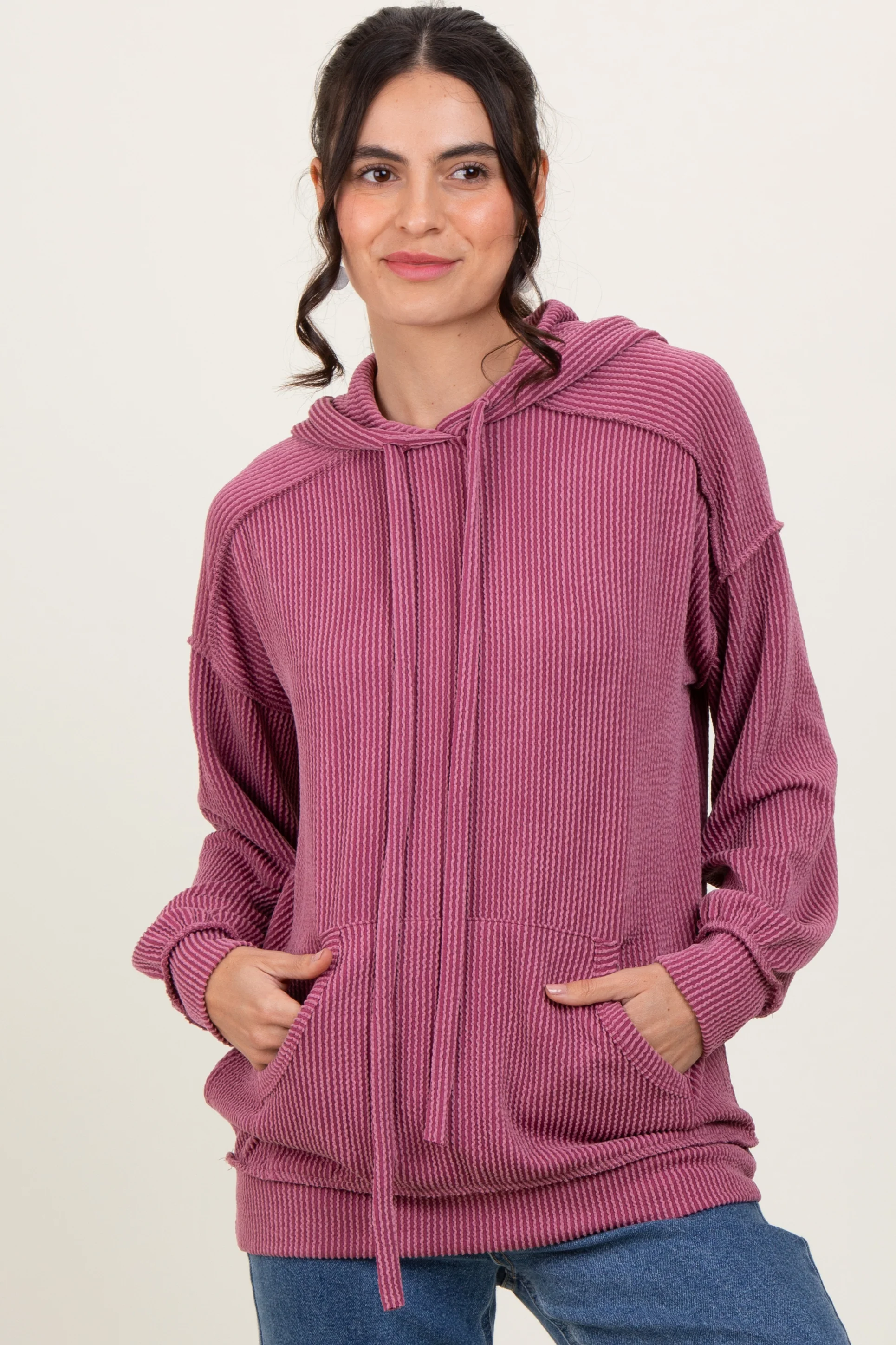 Mauve Ribbed Front Pocket Maternity Drawstring Hoodie - Image 5