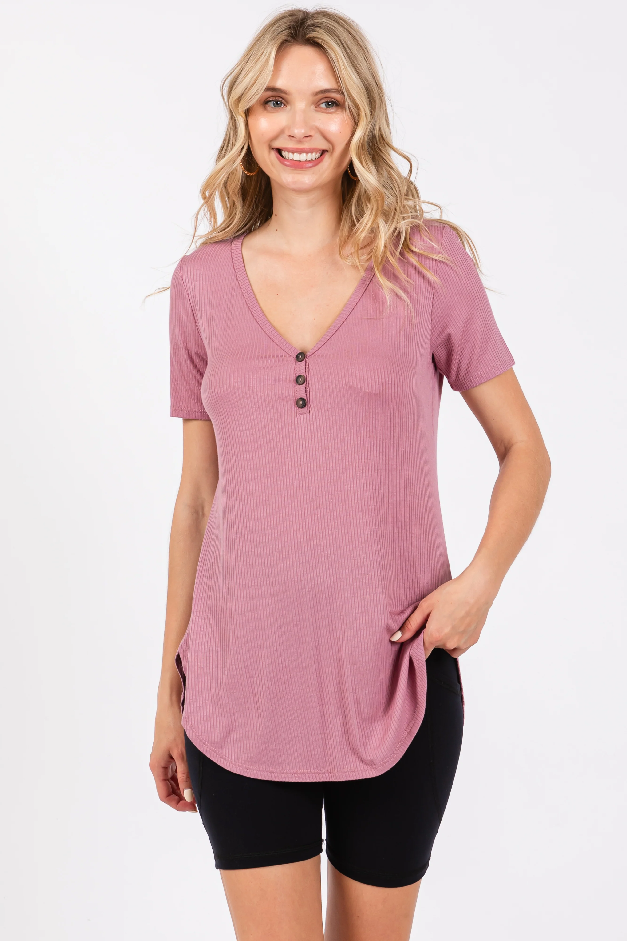Mauve Ribbed Short Sleeve Button Detail Maternity Top - Image 4
