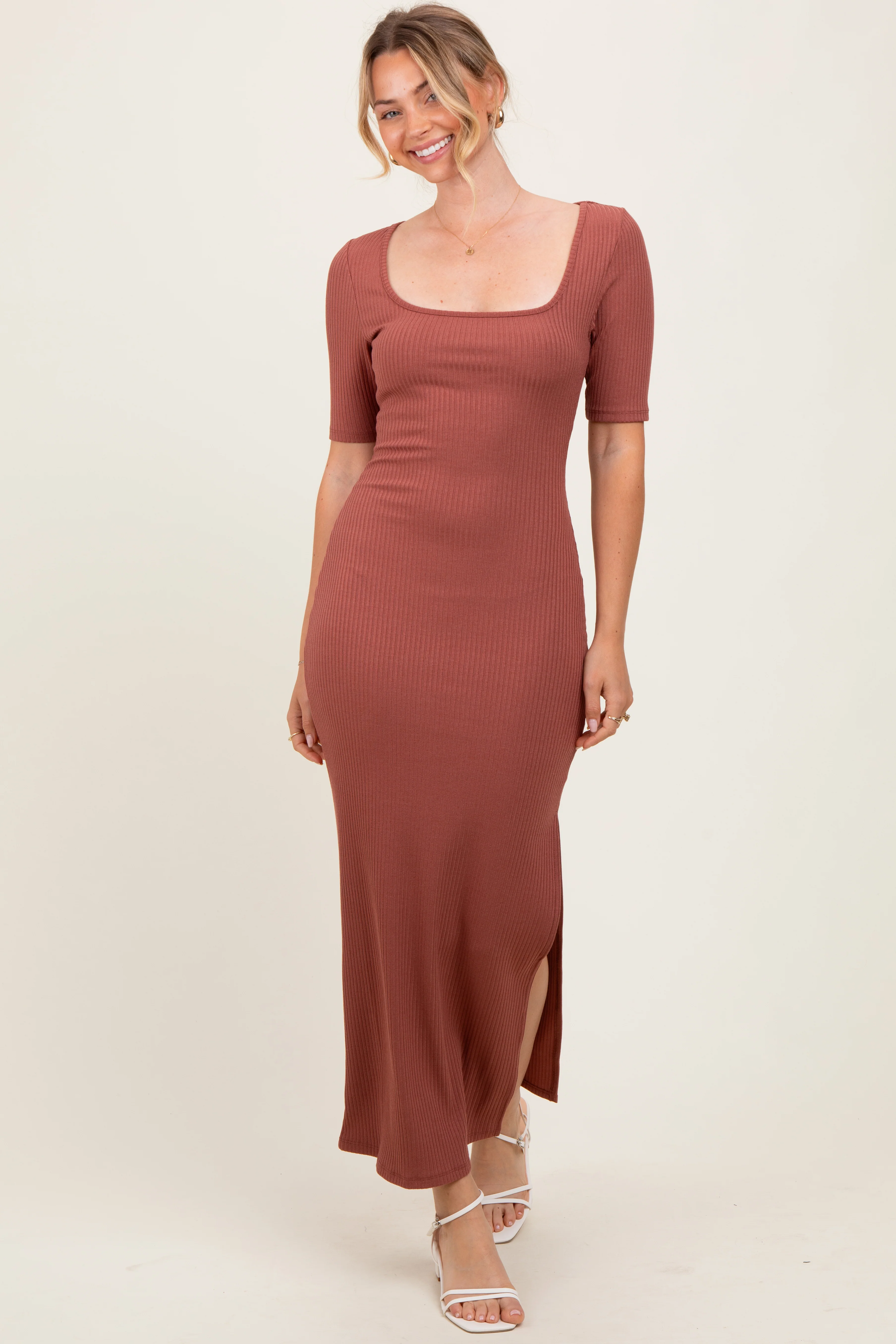 Mauve Ribbed Short Sleeve Side Slit Maternity Midi Dress - Image 5