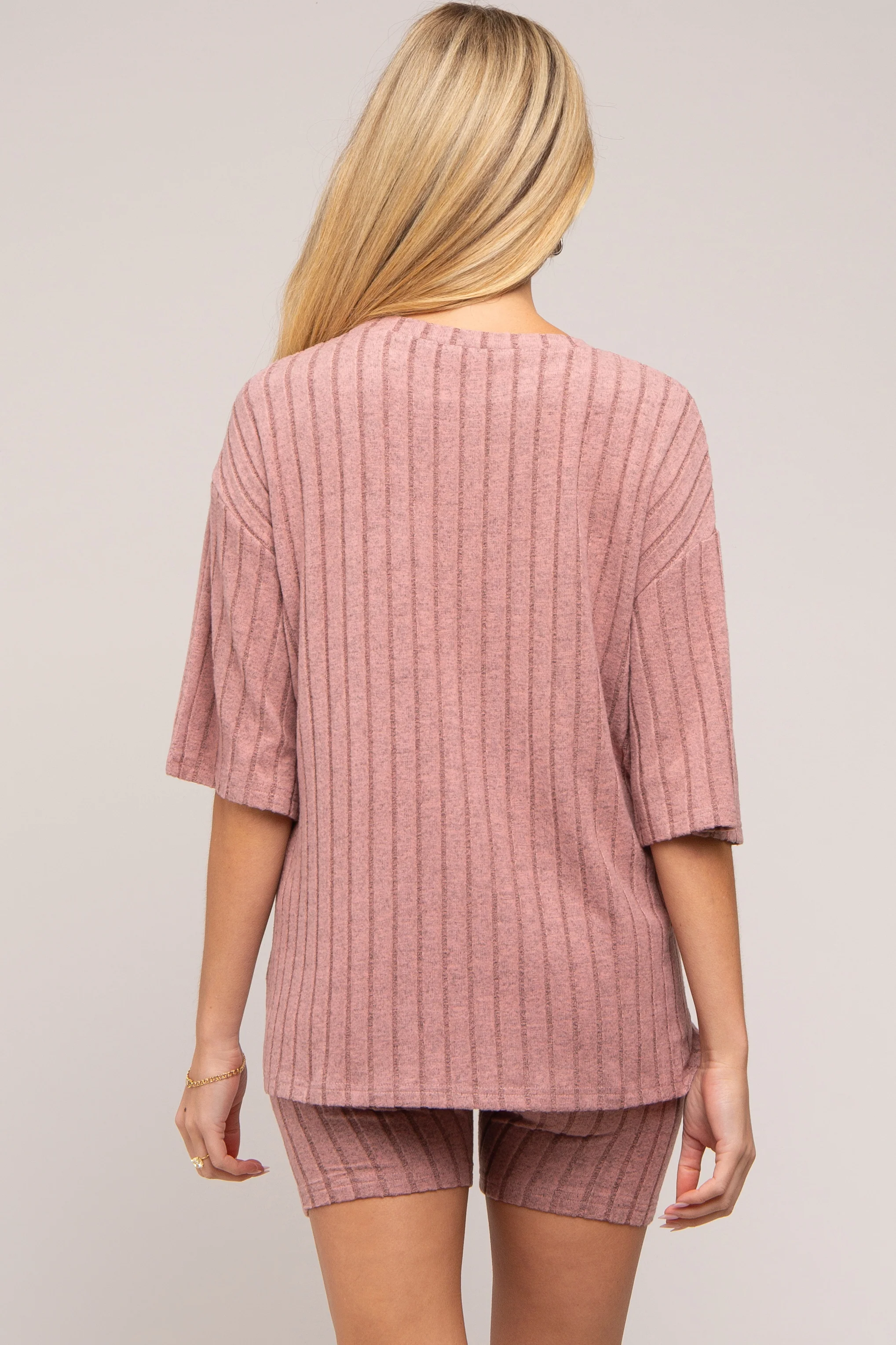 Mauve Ribbed Soft Short Sleeve Maternity Shorts Set - Image 4