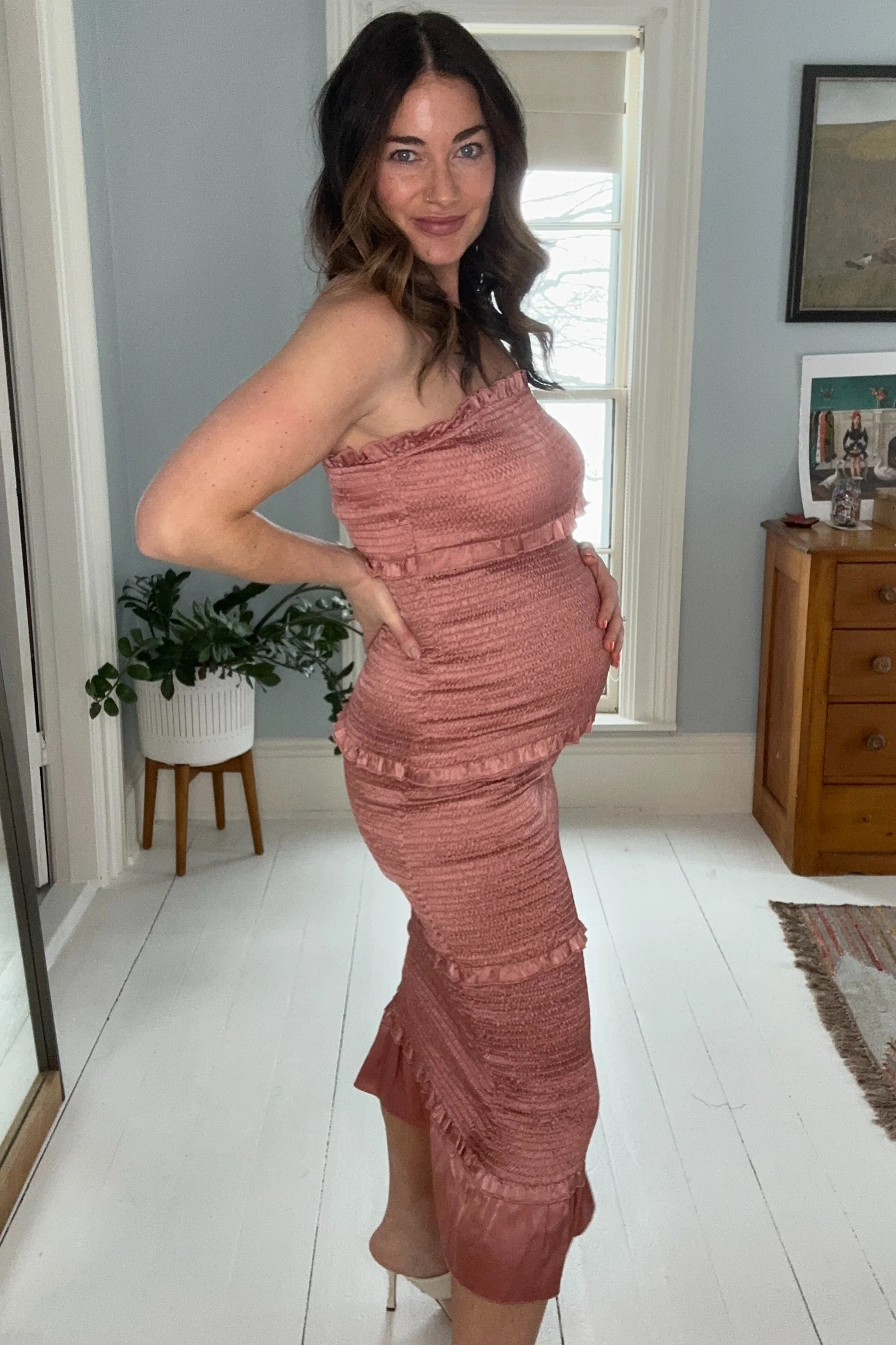 Mauve Satin Smocked Fitted Maternity Midi Dress - Image 23