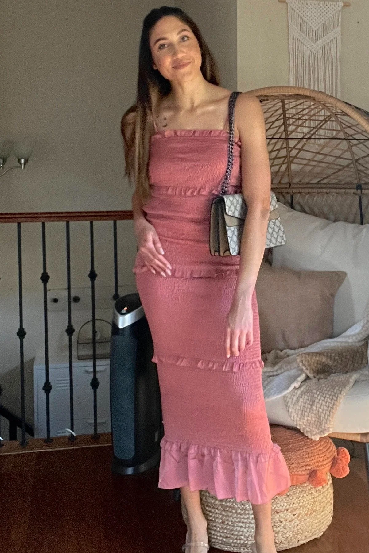 Mauve Satin Smocked Fitted Midi Dress - Image 6