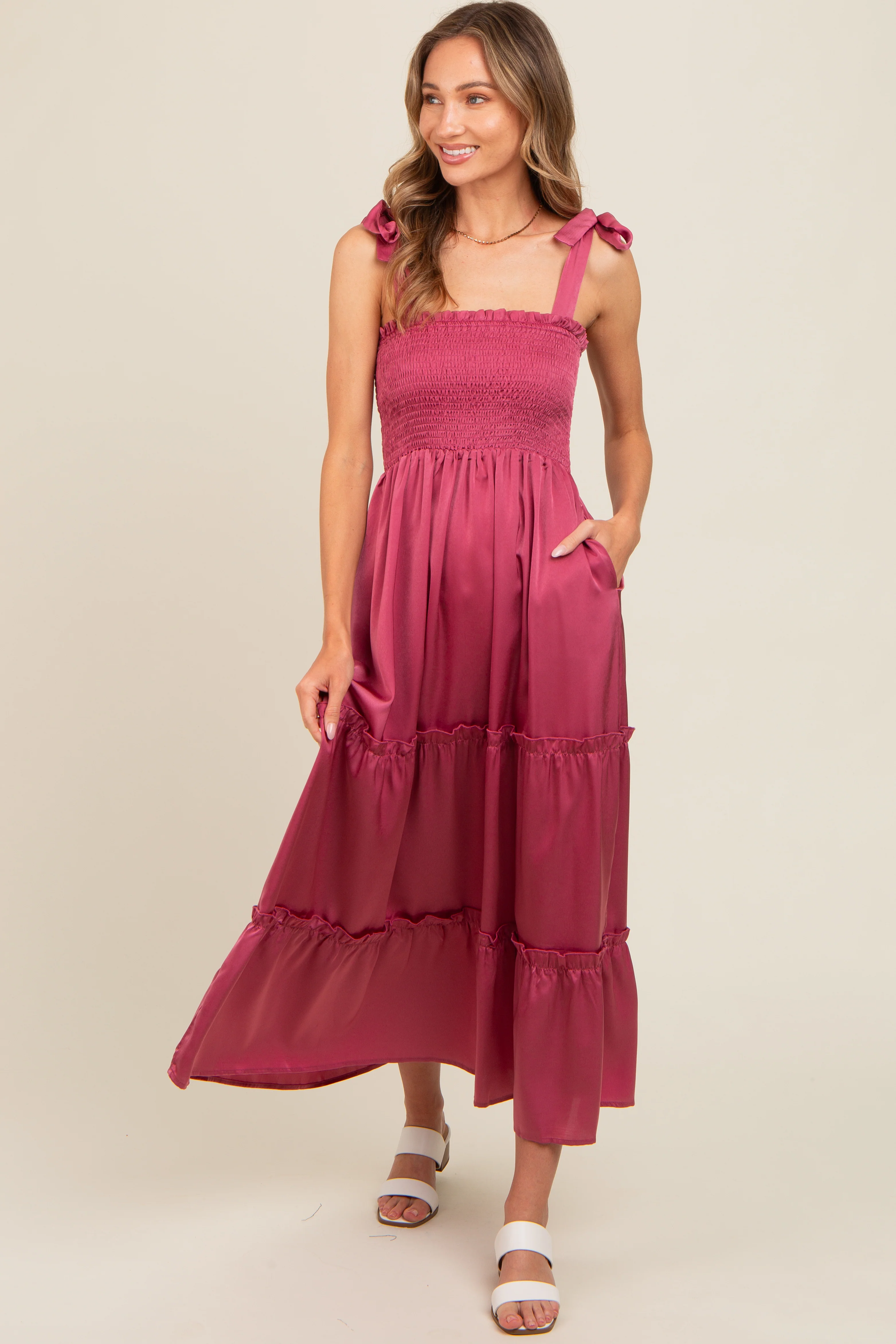 Mauve Satin Smocked Maternity Maxi Dress - Image 3