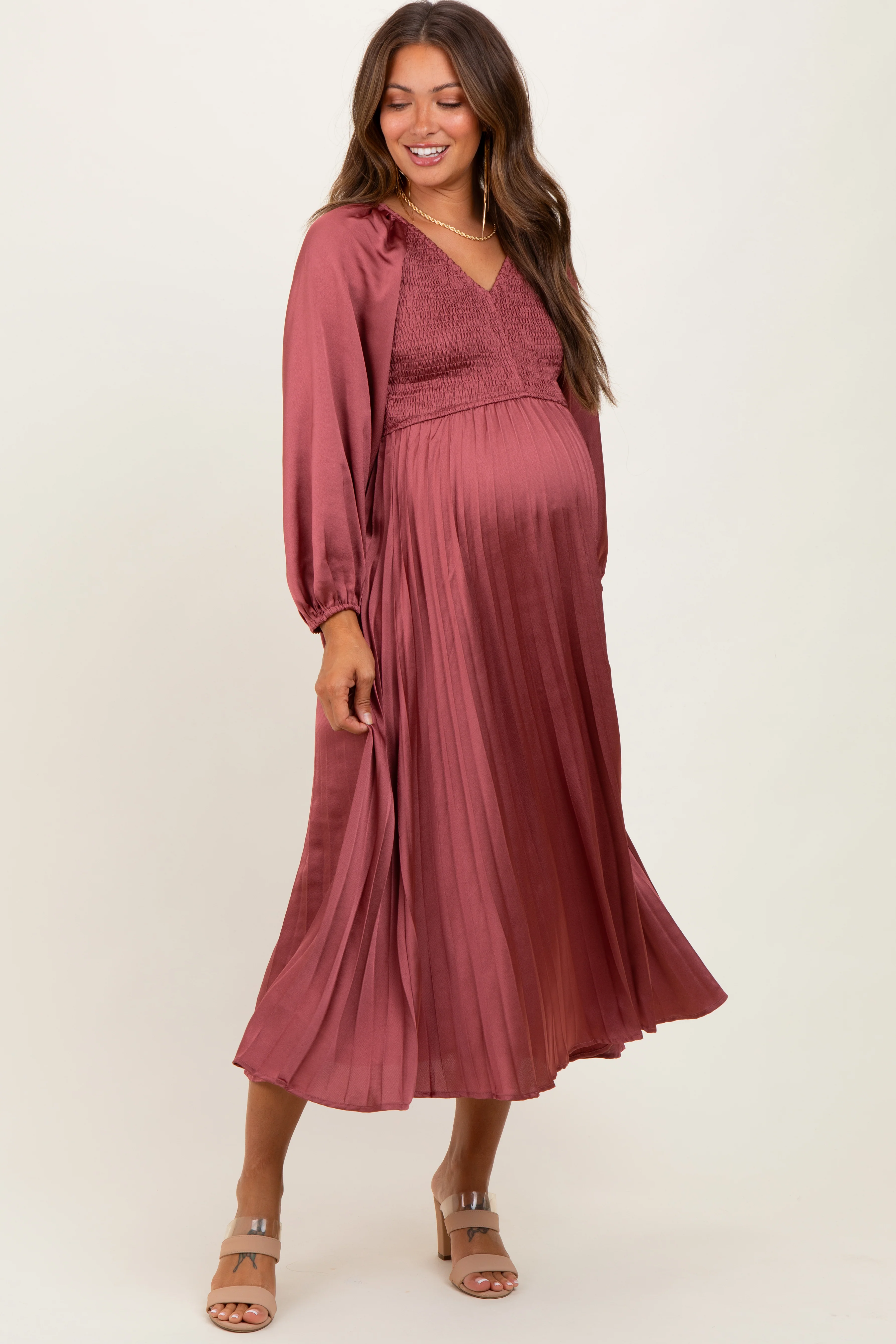 Mauve Satin Smocked Pleated Maternity Midi Dress - Image 2