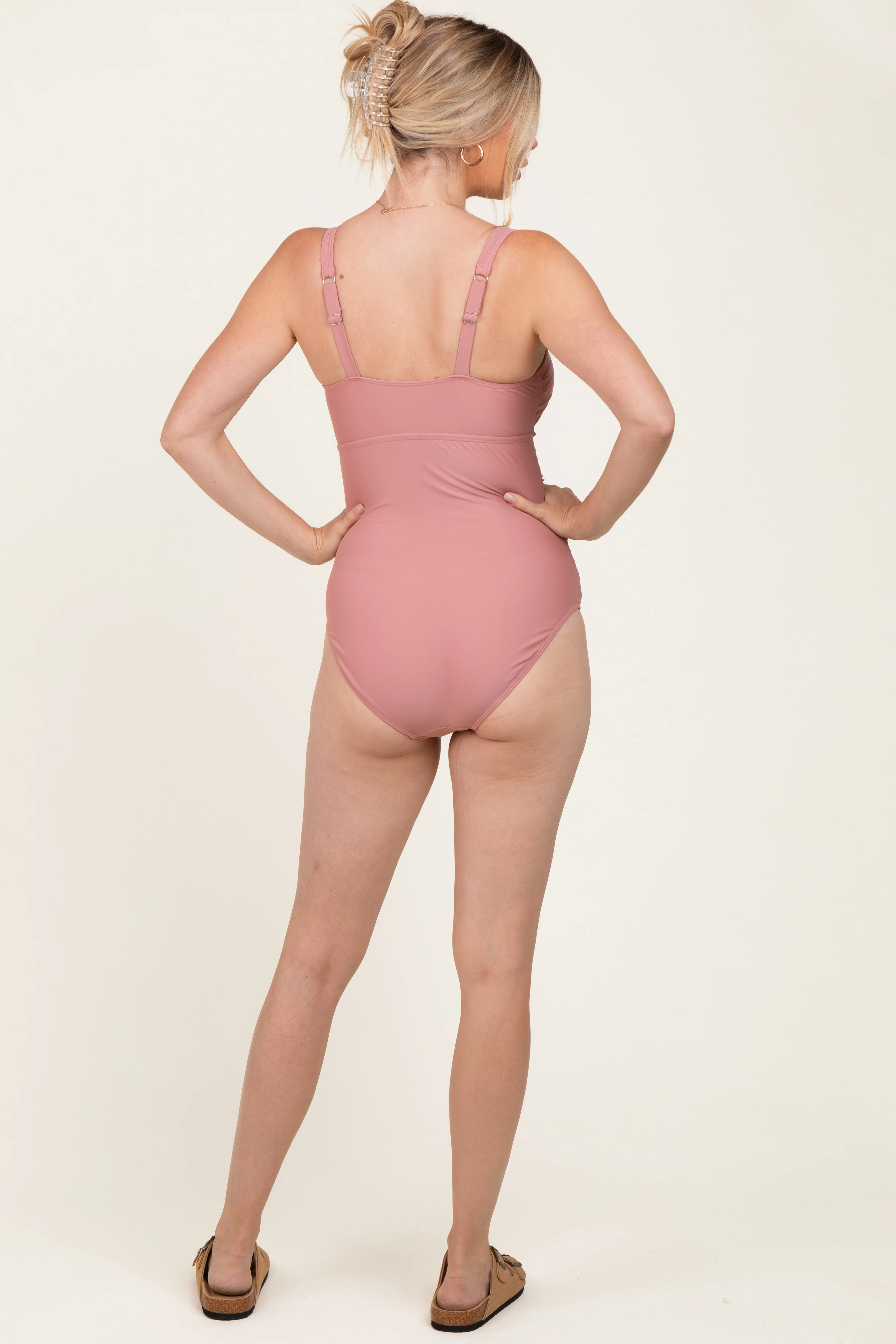 Mauve Scalloped Cutout Ruched One Piece Swimsuit - Image 4