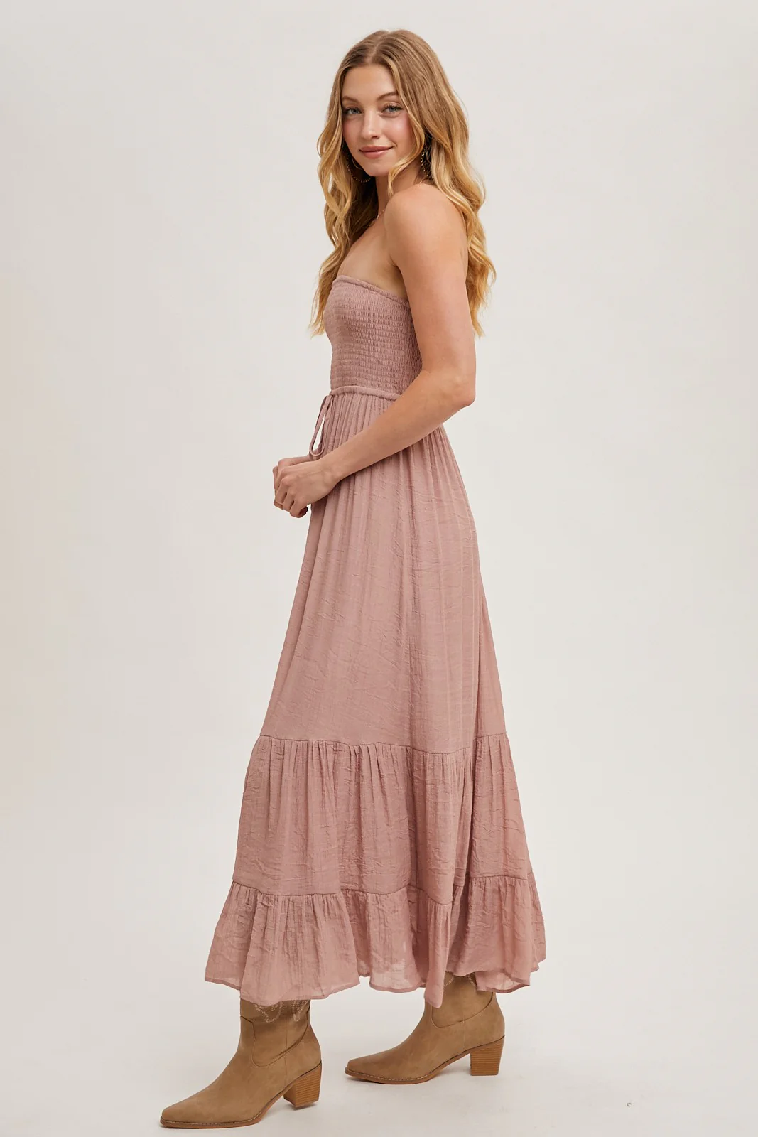 Mauve Smocked Strapless Front Tie Maxi Dress - Image 3