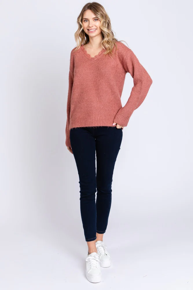 Mauve Soft Knit Lace Trim Sweater - Image 4
