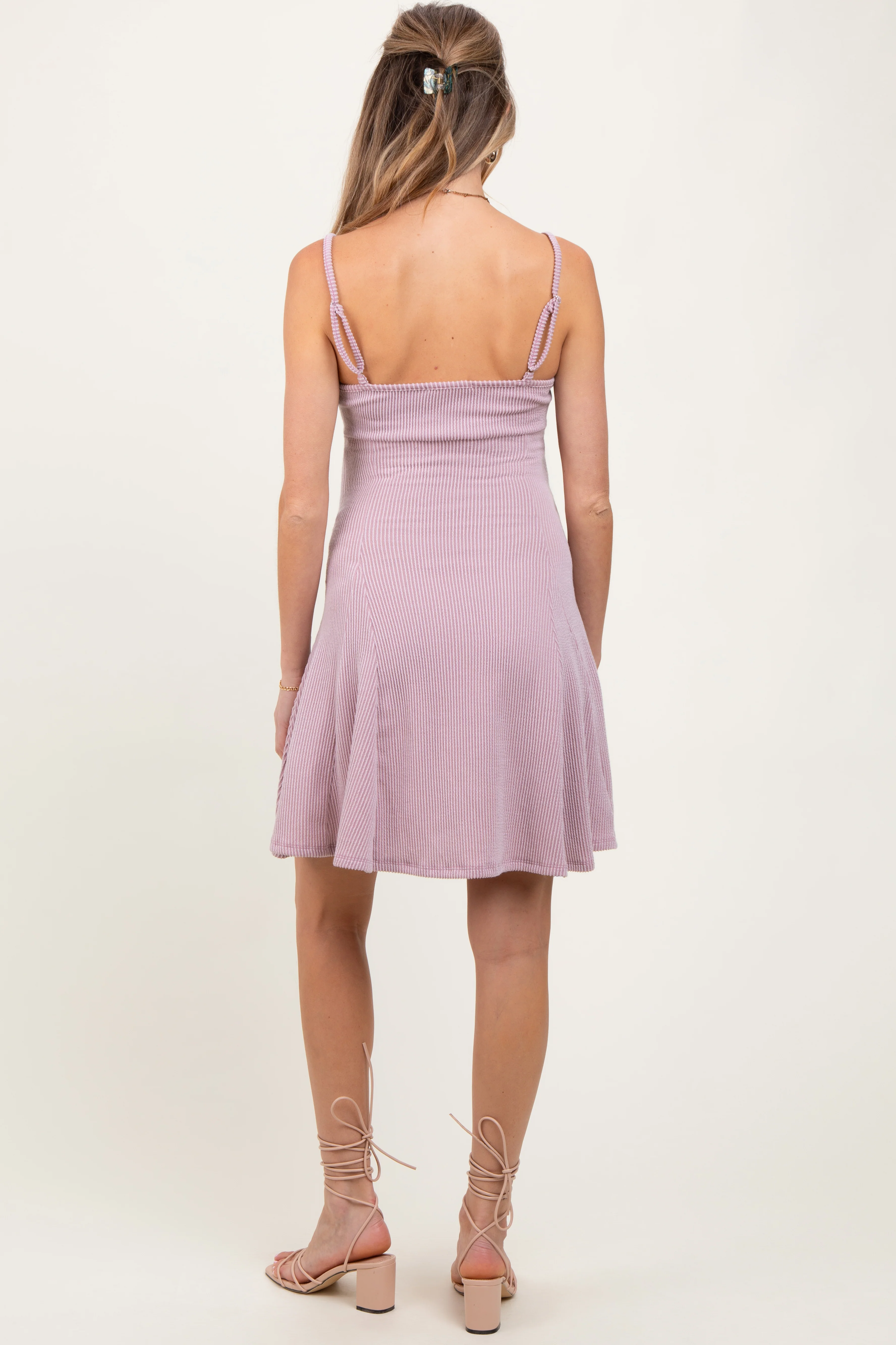 Mauve Solid Ribbed Knitted Adjustable Strap Sleeveless Maternity Mini Dress - Image 3