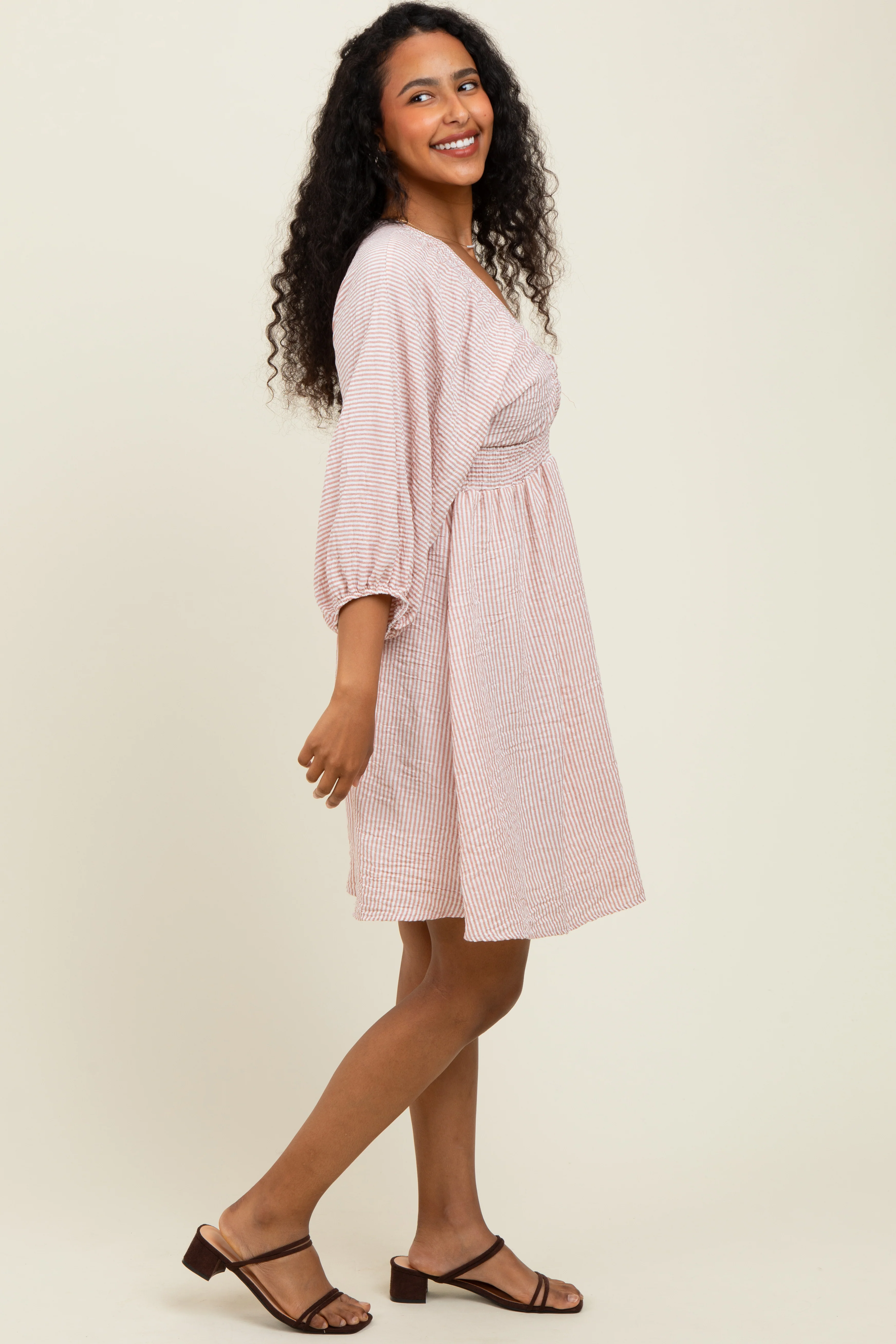 Mauve Striped Balloon Sleeve V-Neck Dress - Image 3