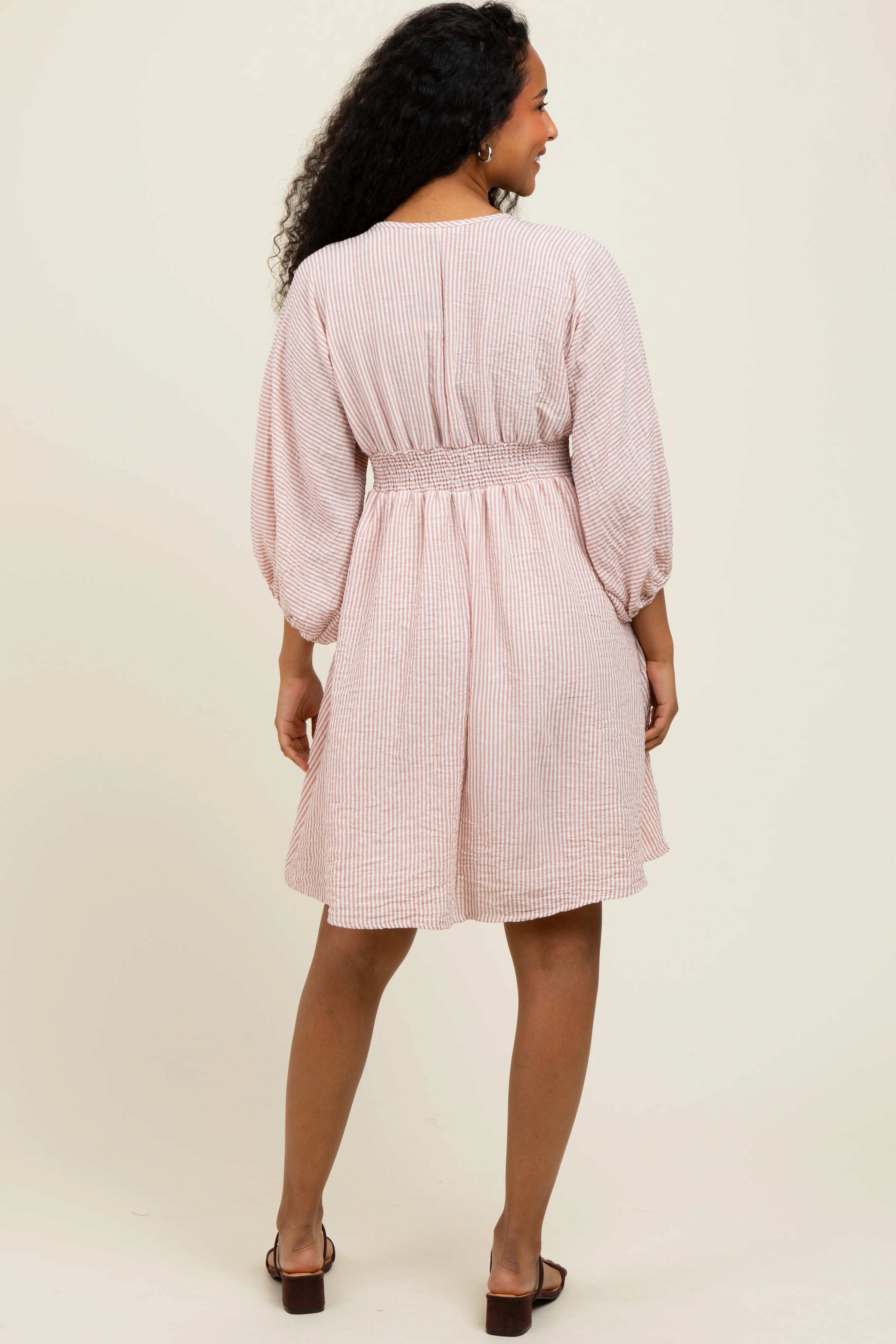 Mauve Striped Balloon Sleeve V-Neck Dress - Image 4