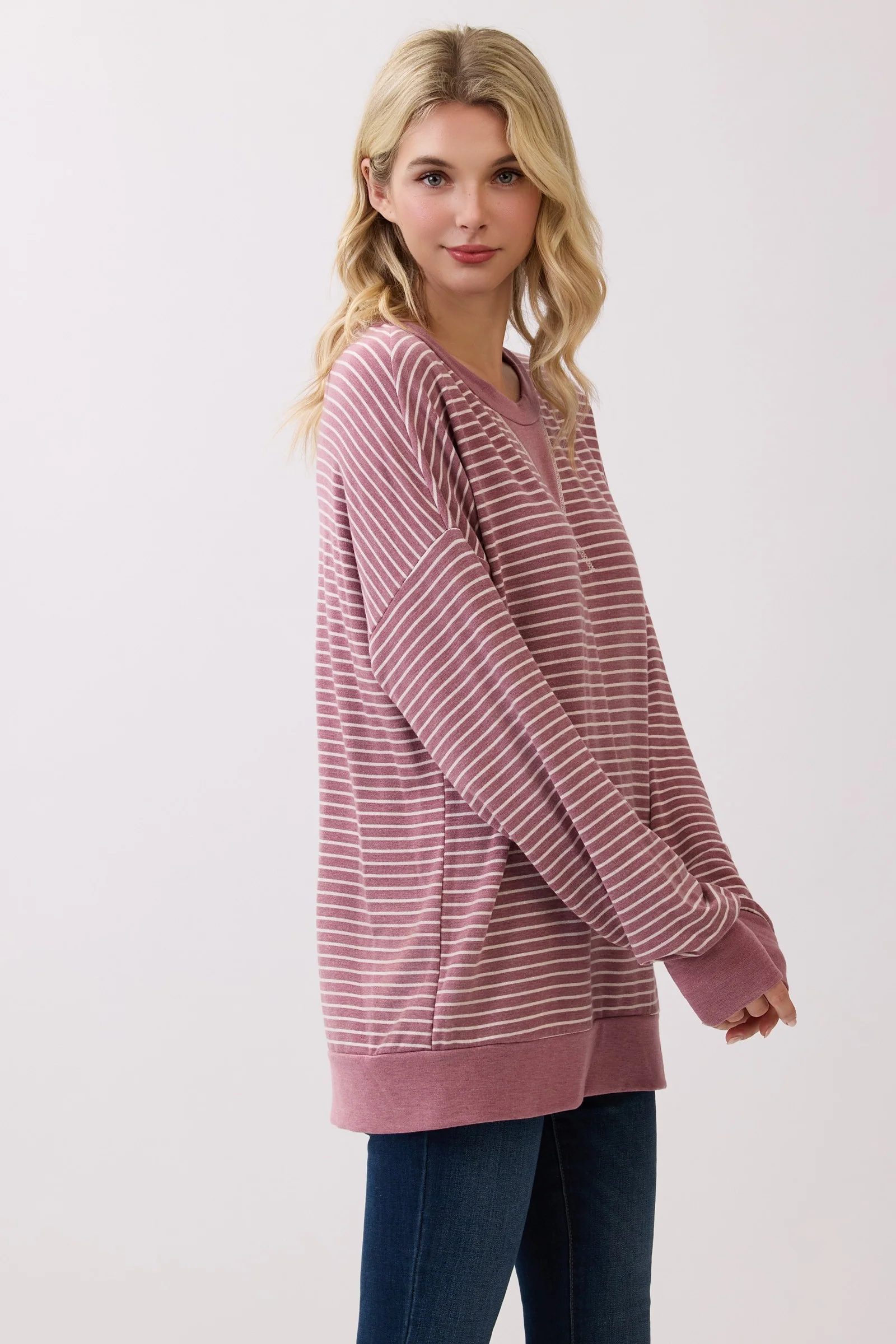 Mauve Striped Crew Neck Pullover Top - Image 2