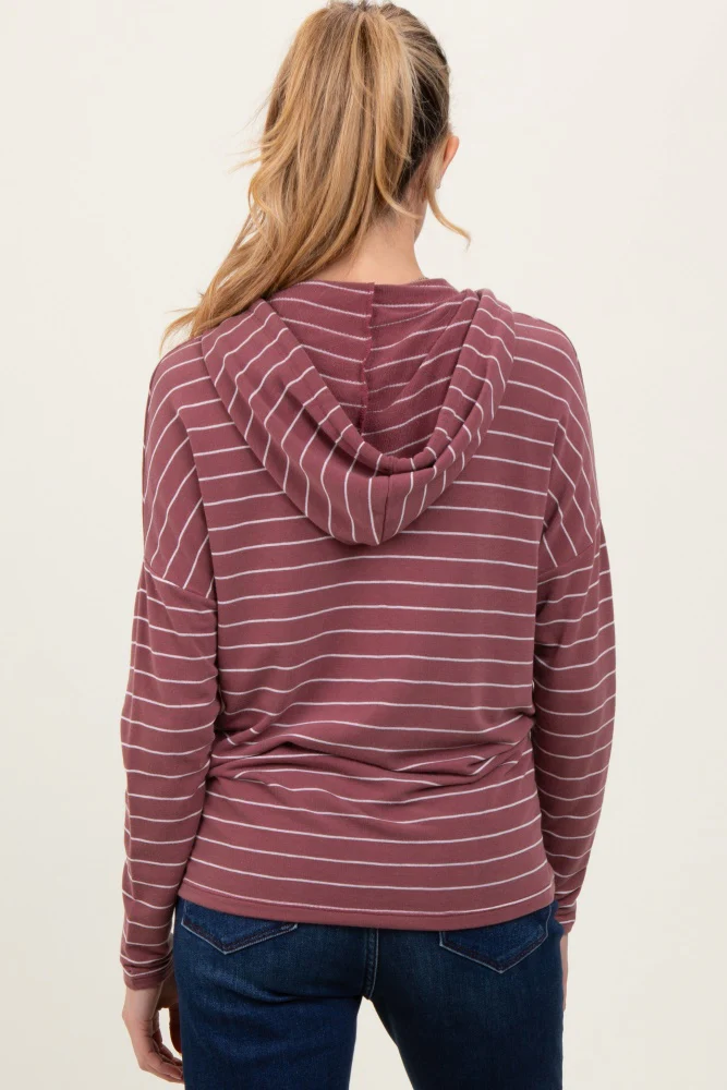 Mauve Striped Drawstring Hoodie Maternity Top - Image 4