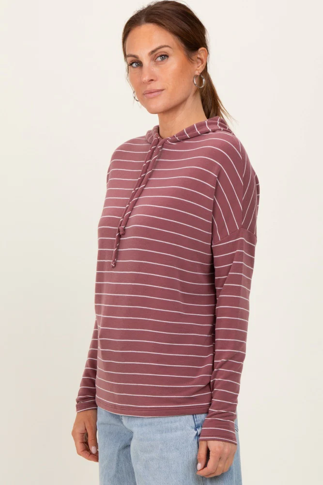 Mauve Striped Drawstring Hoodie Top - Image 3