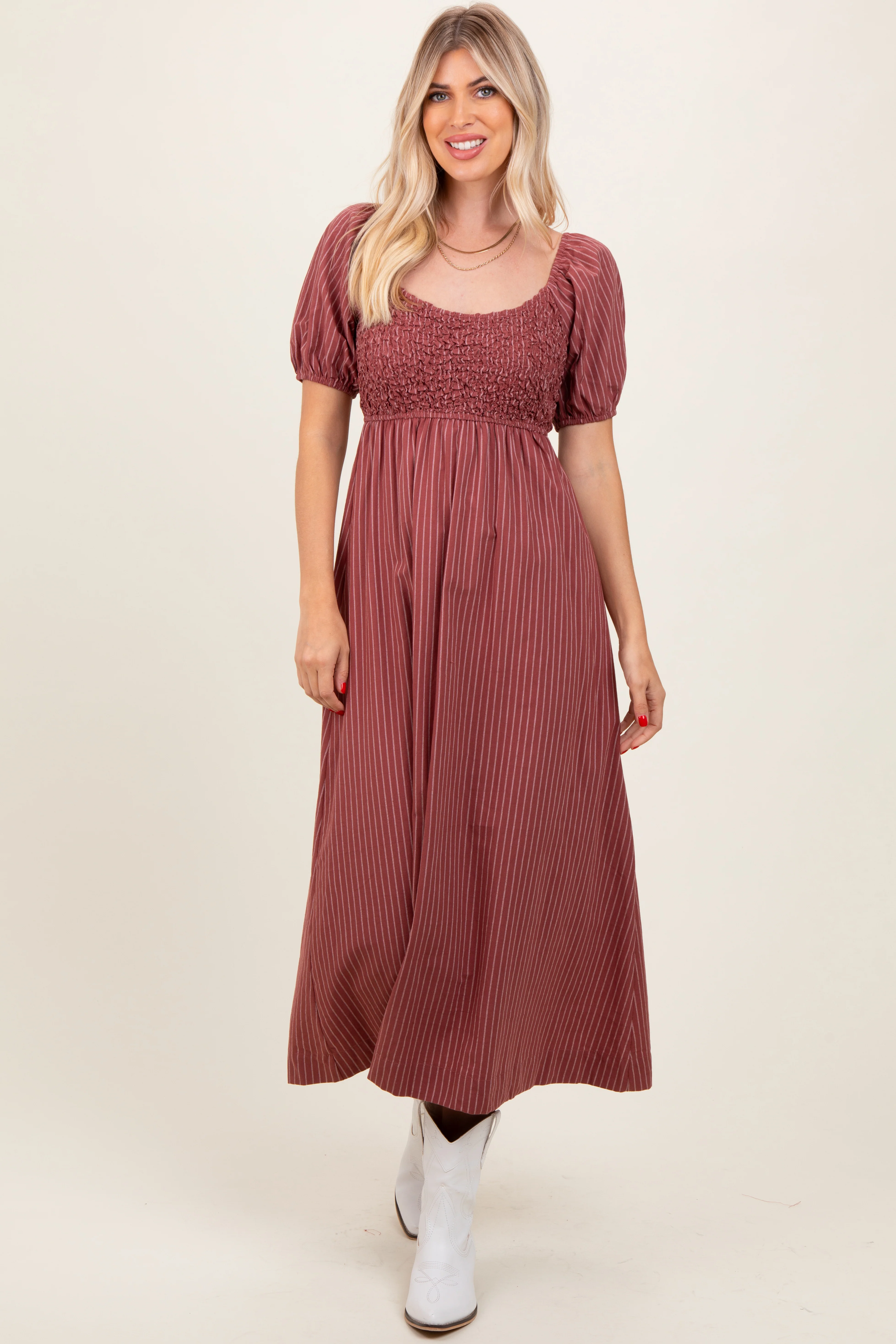 Mauve Striped Popcorn Smocked Maternity Midi Dress - Image 5