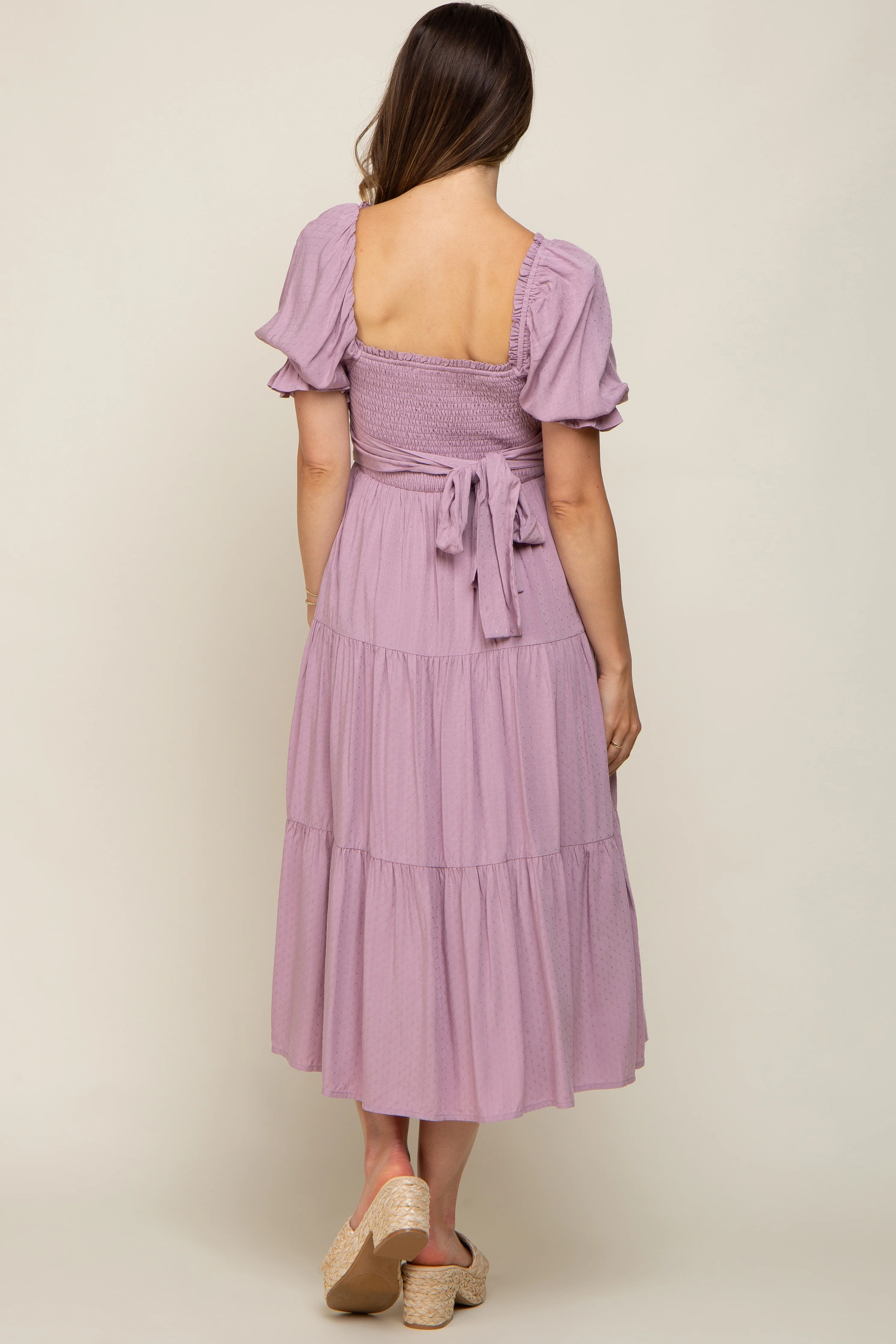 Mauve Swiss Dot Smocked Maternity Midi Dress - Image 3
