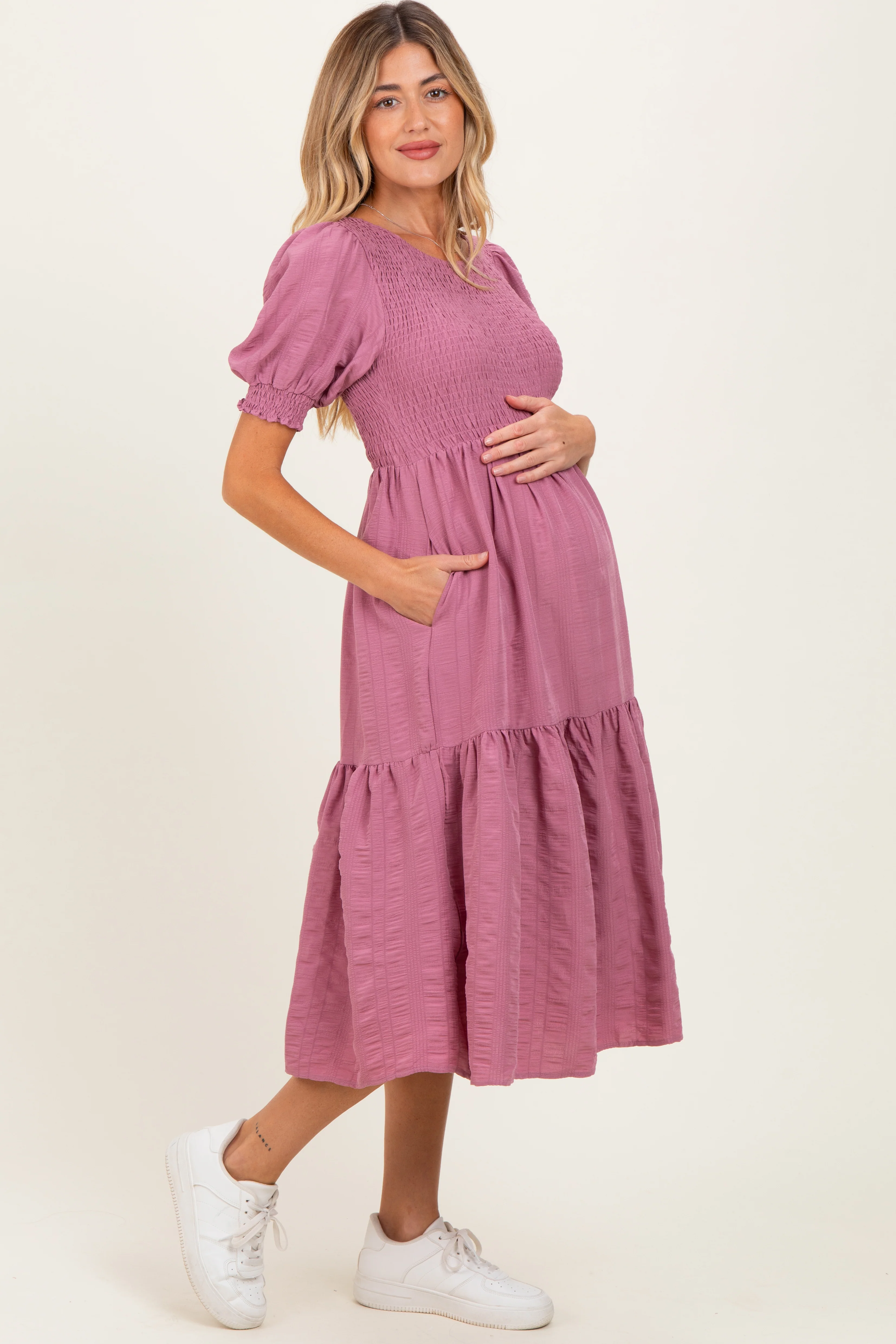 Mauve Textured Flowy Maternity Dress - Image 3