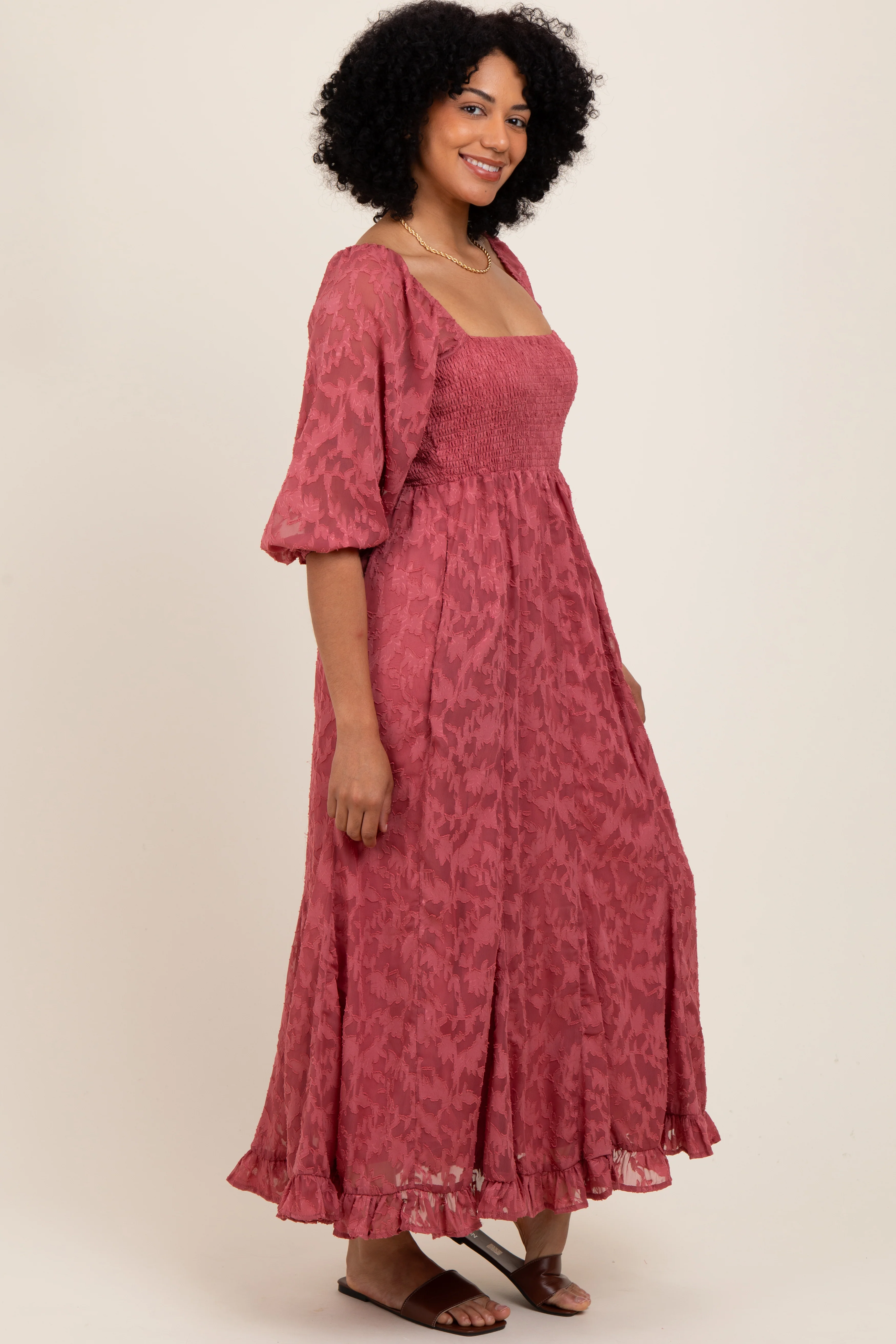 Mauve Textured Overlay Smocked Ruffled Hem Maxi Dress - Image 3