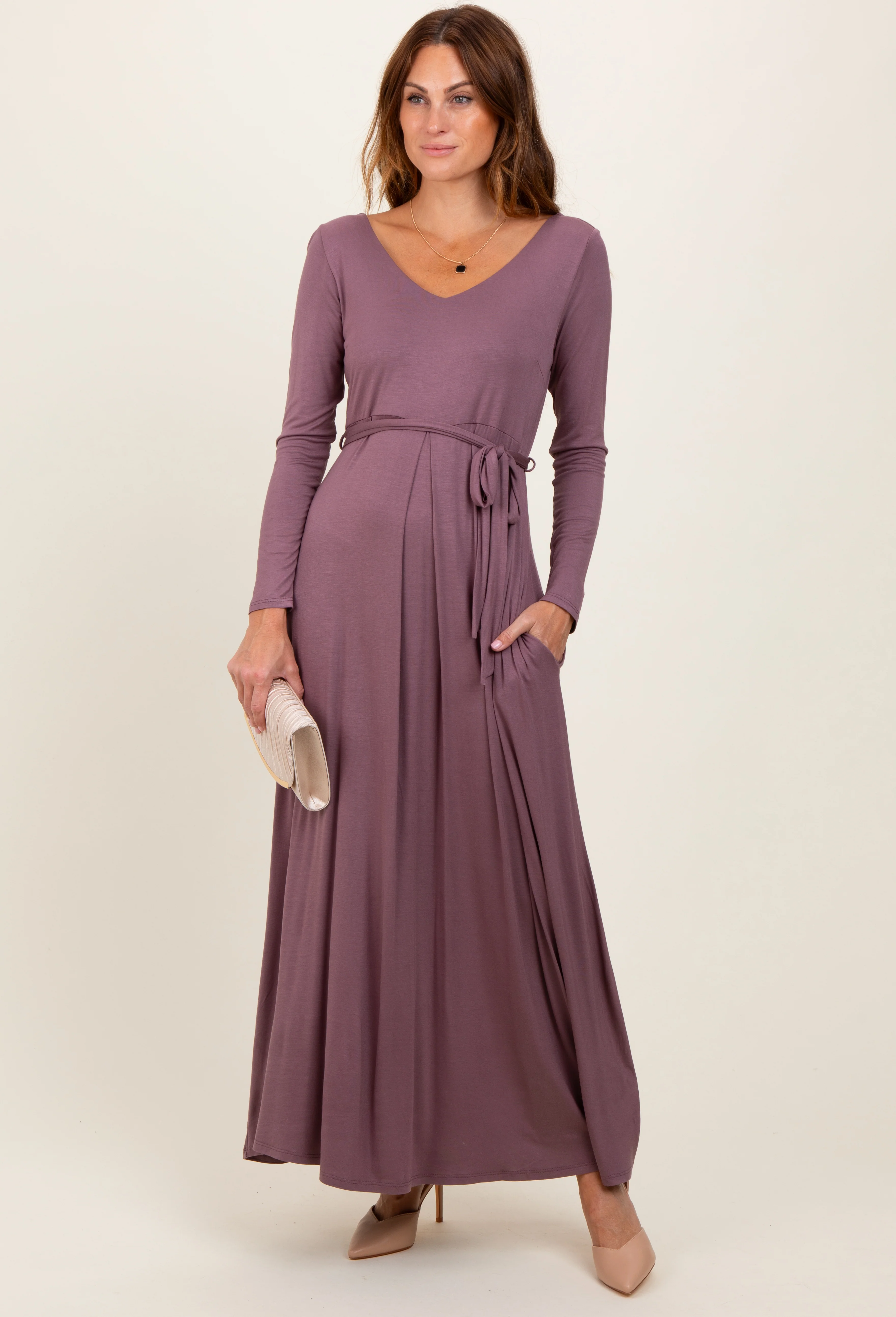 Mauve V-Neck Long Sleeve Sash Tie Maternity Maxi Dress - Image 4