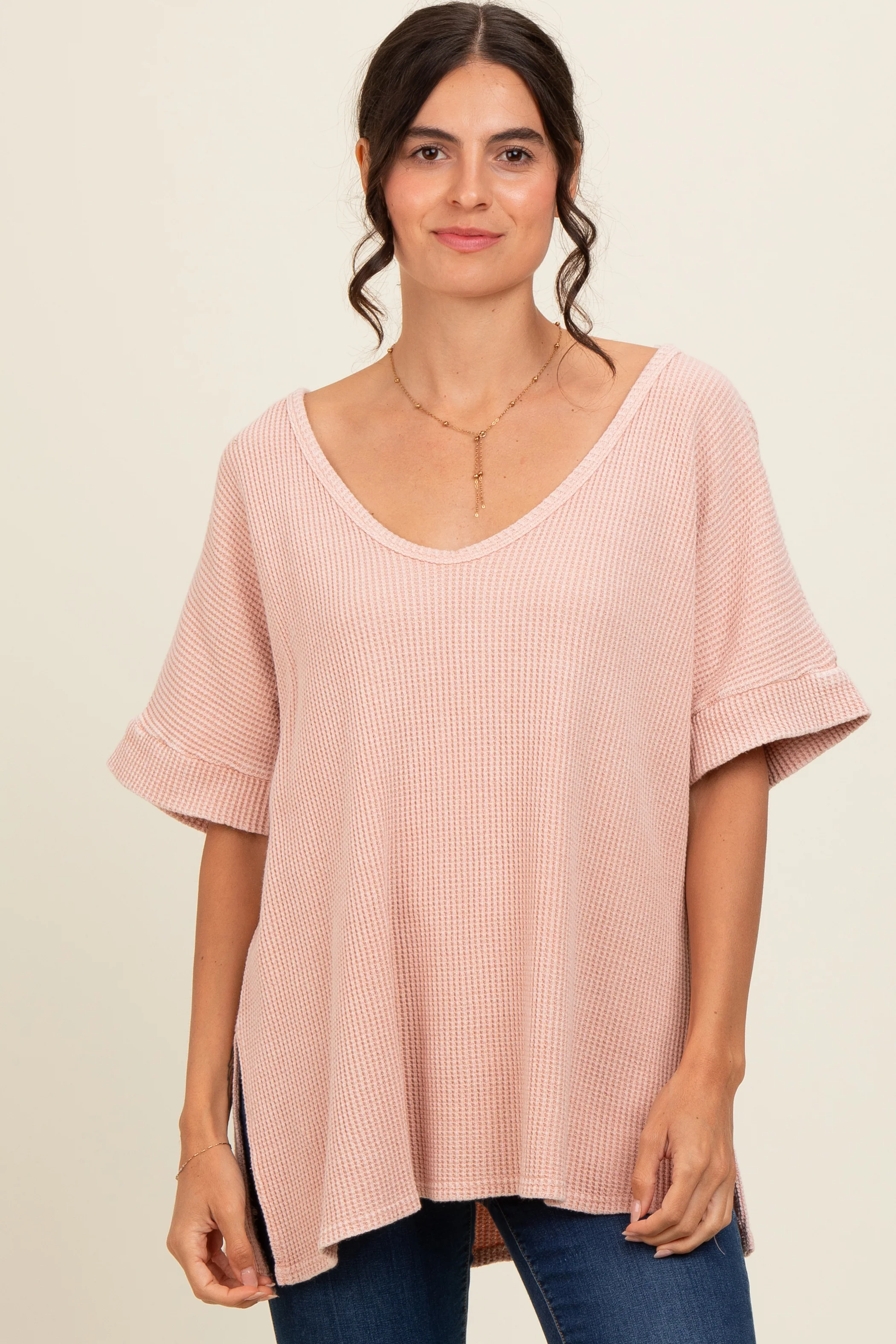 Mauve Waffle Knit V-Neck Maternity Top - Image 6