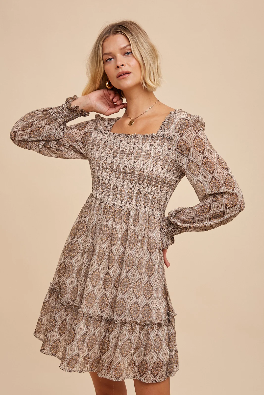 Medallion Creme Square Neck Smocked Mini Dress - Image 2