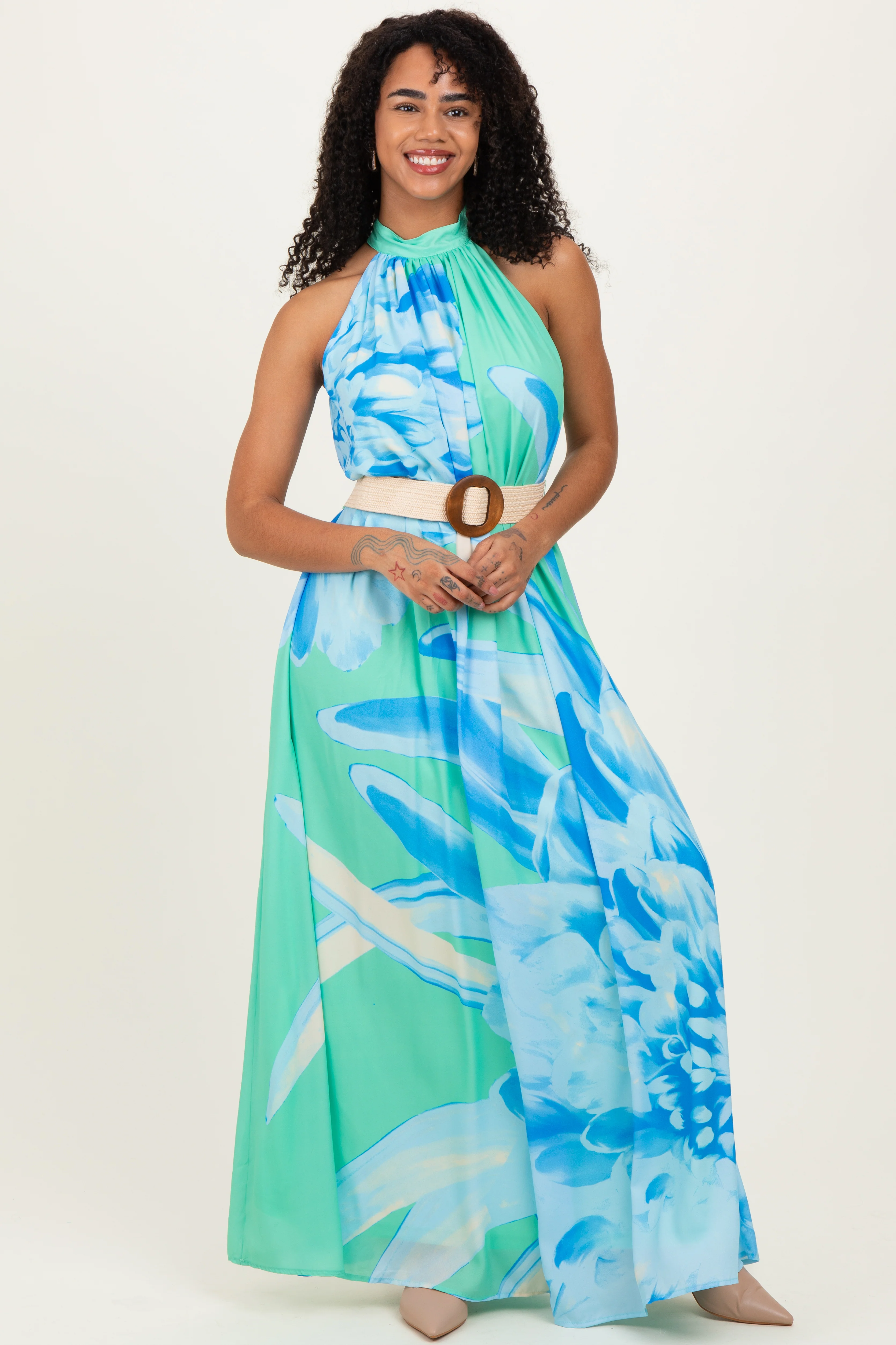Mint Floral Chiffon Halter Maxi Dress - Image 2