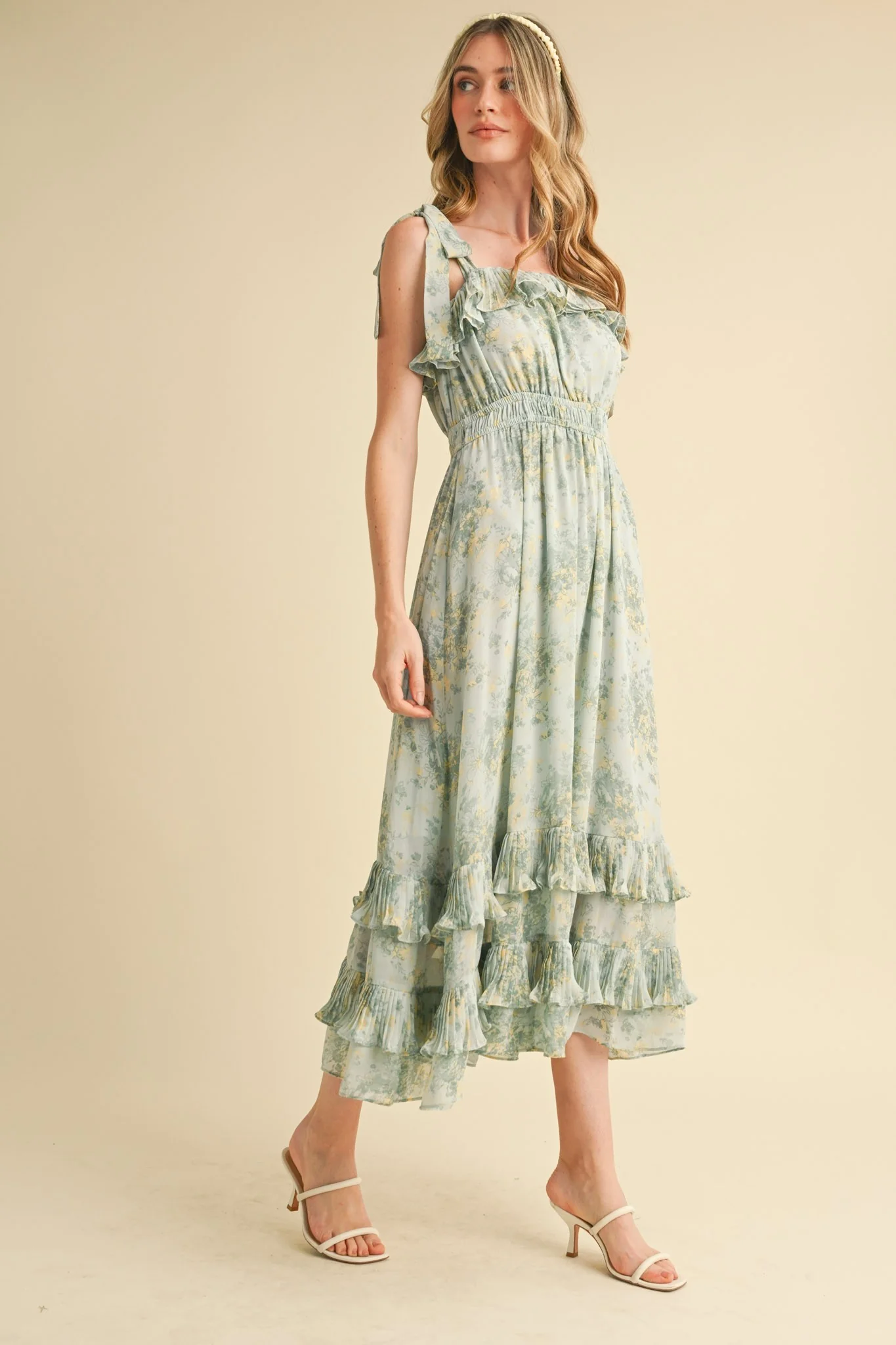 Mint Floral Chiffon Pleated Ruffle Midi Dress - Image 2