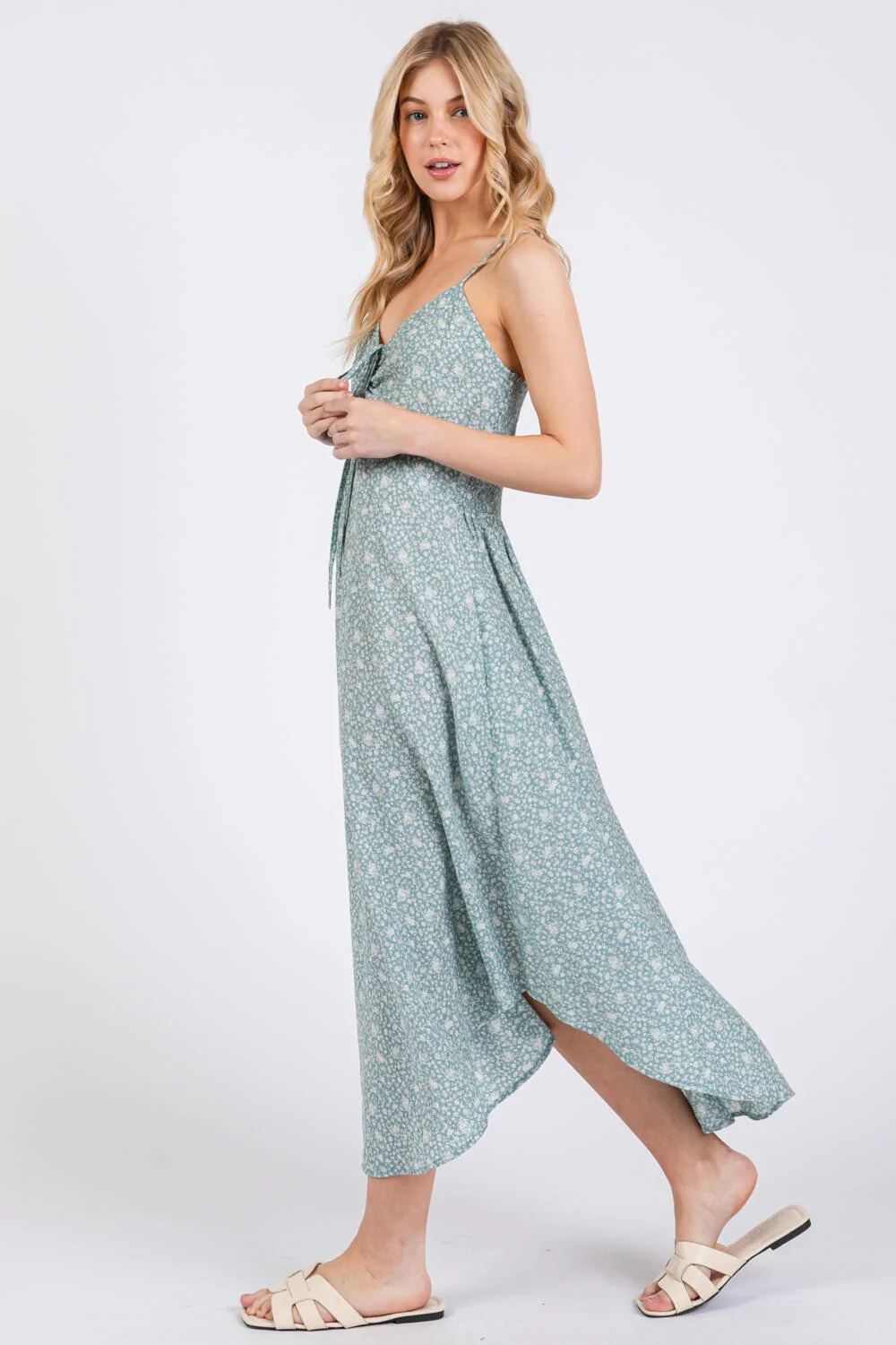 Mint Floral Cinched Front Tie Midi Dress - Image 3