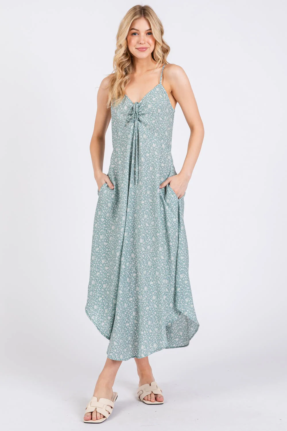 Mint Floral Cinched Front Tie Midi Dress - Image 5
