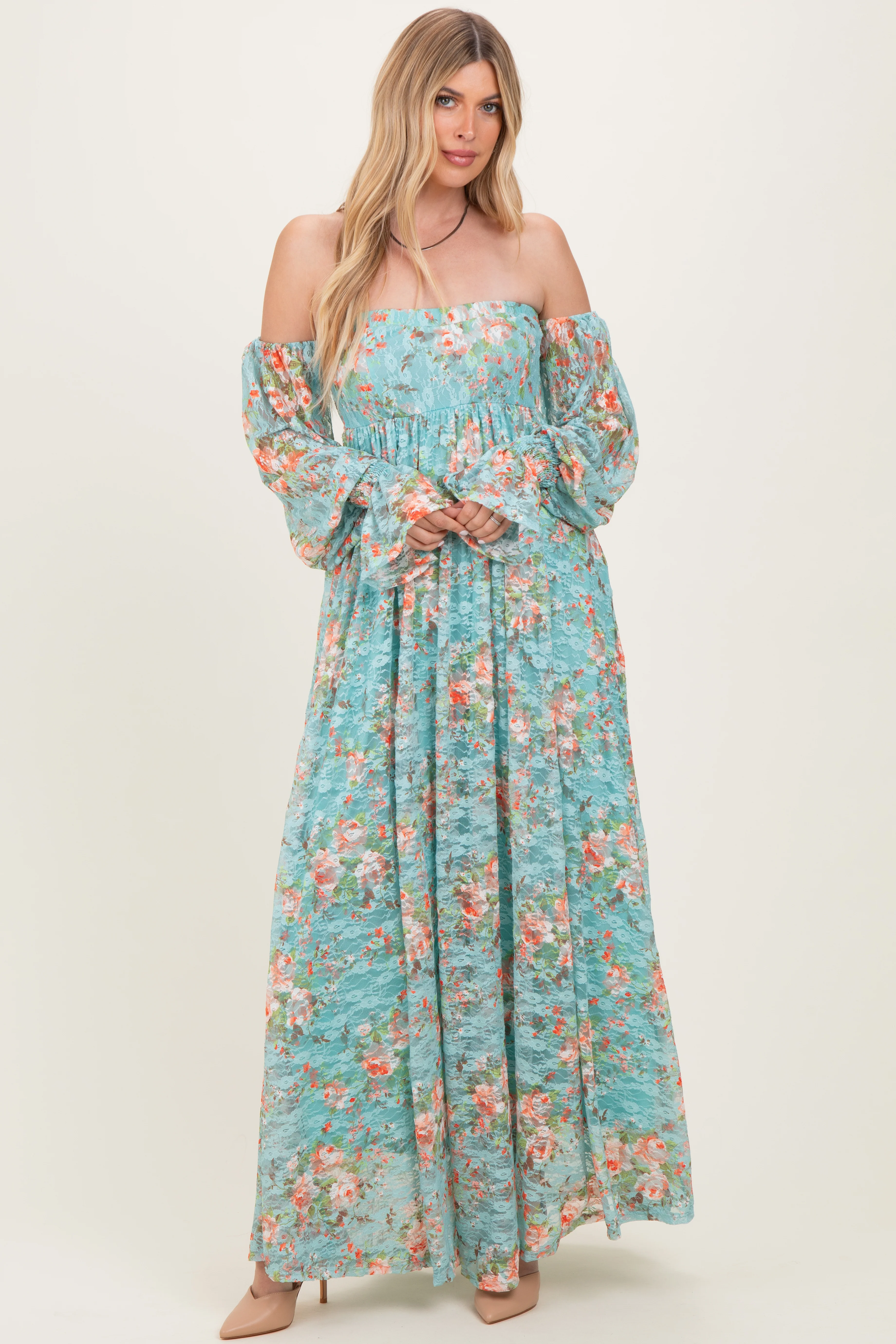 Mint Floral Lace Smocked Long Sleeve Off Shoulder Maternity Maxi Dress - Image 4