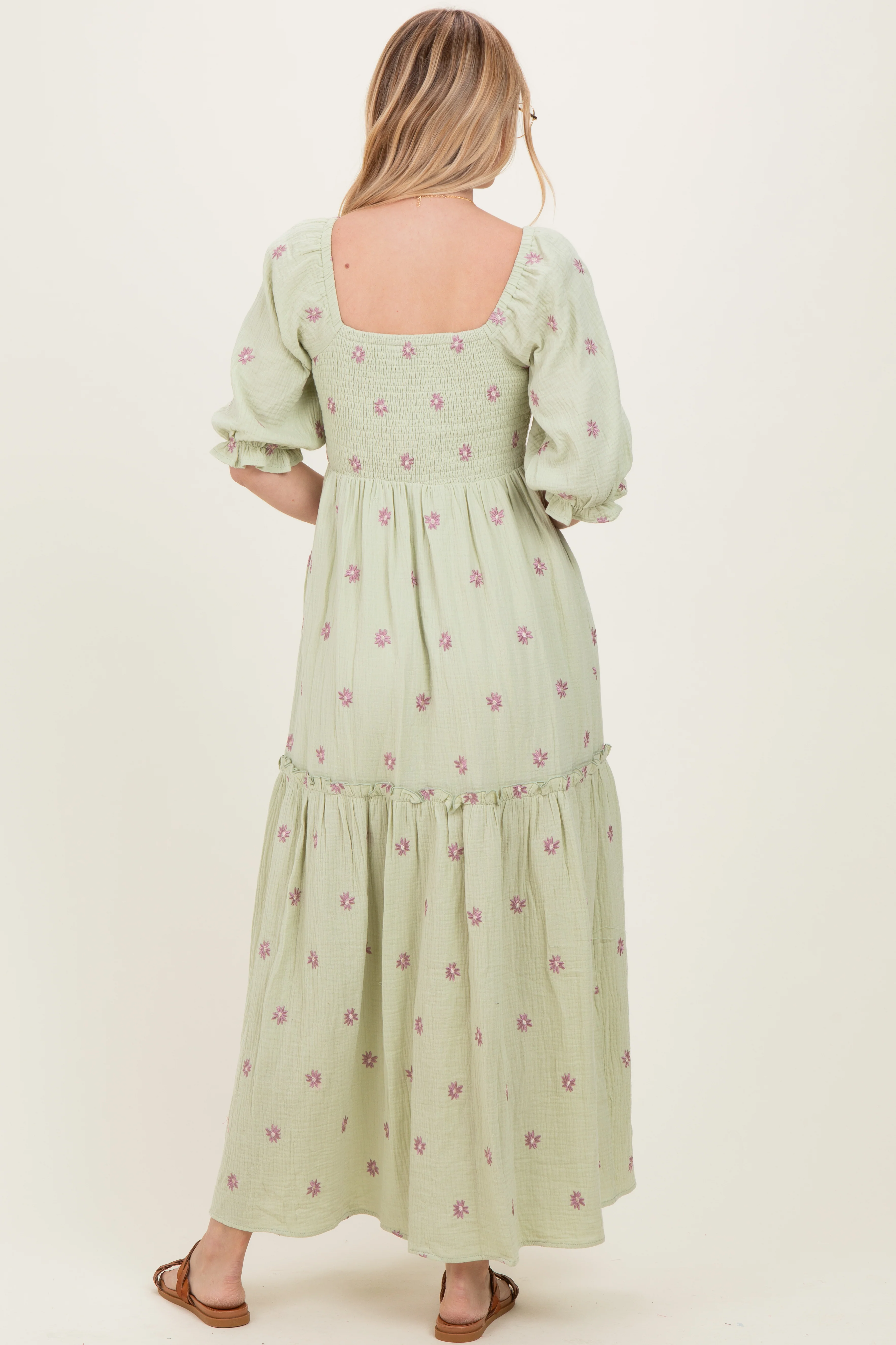 Mint Floral Smocked Puff Sleeve Maxi Dress - Image 4